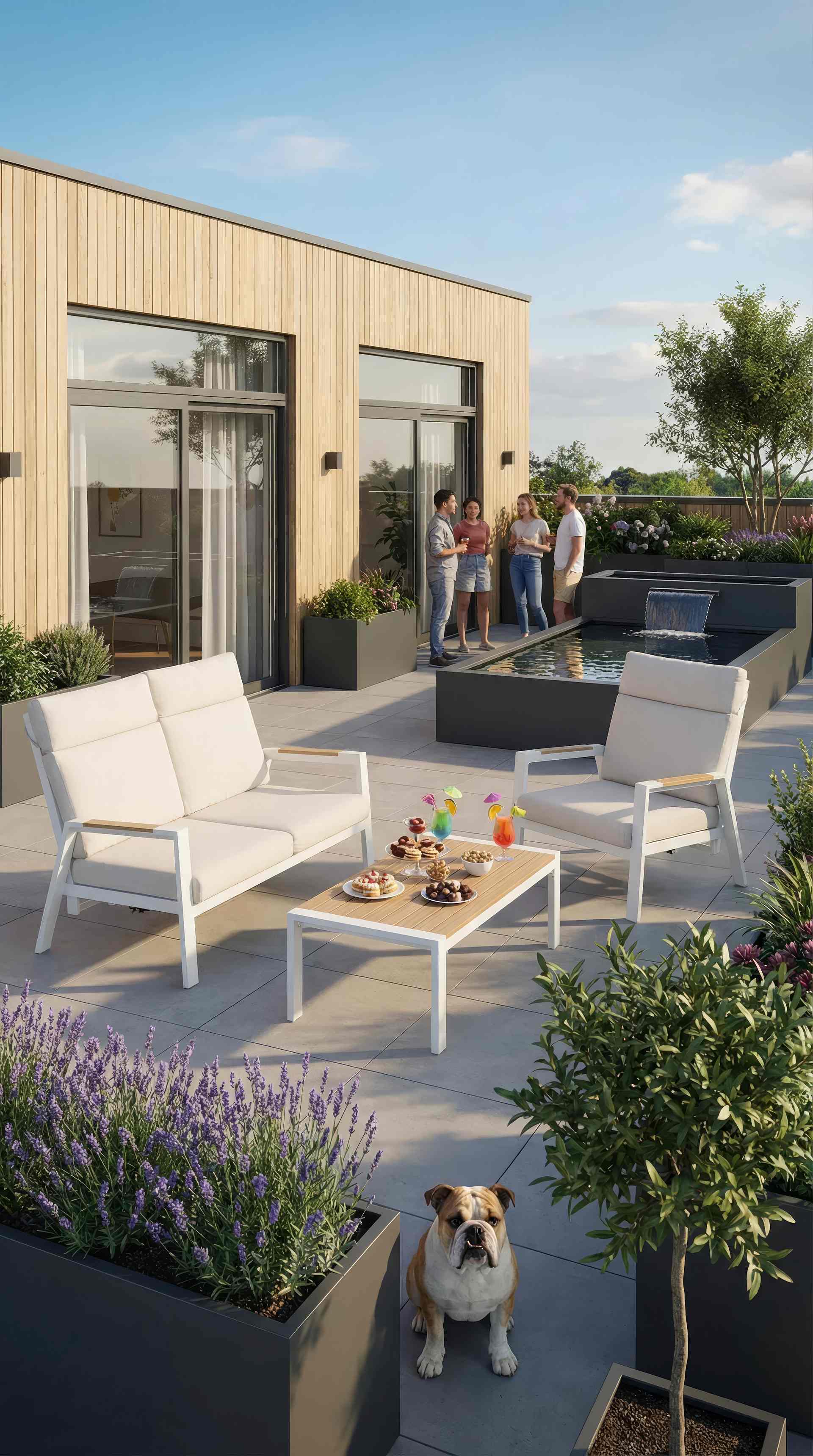 Loungegruppe Adrian mit weißem Aluminiumgestell, beigen Kissen und Couchtisch mit Holzdekor-Tischplatte.