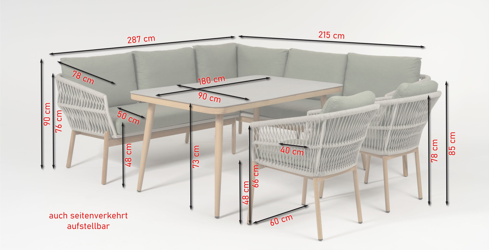 Alicia Garten Eckbankgruppe mit grauer Sinterstein-Tischplatte und grünen Kissen auf robustem Aluminiumgestell in Holzoptik.