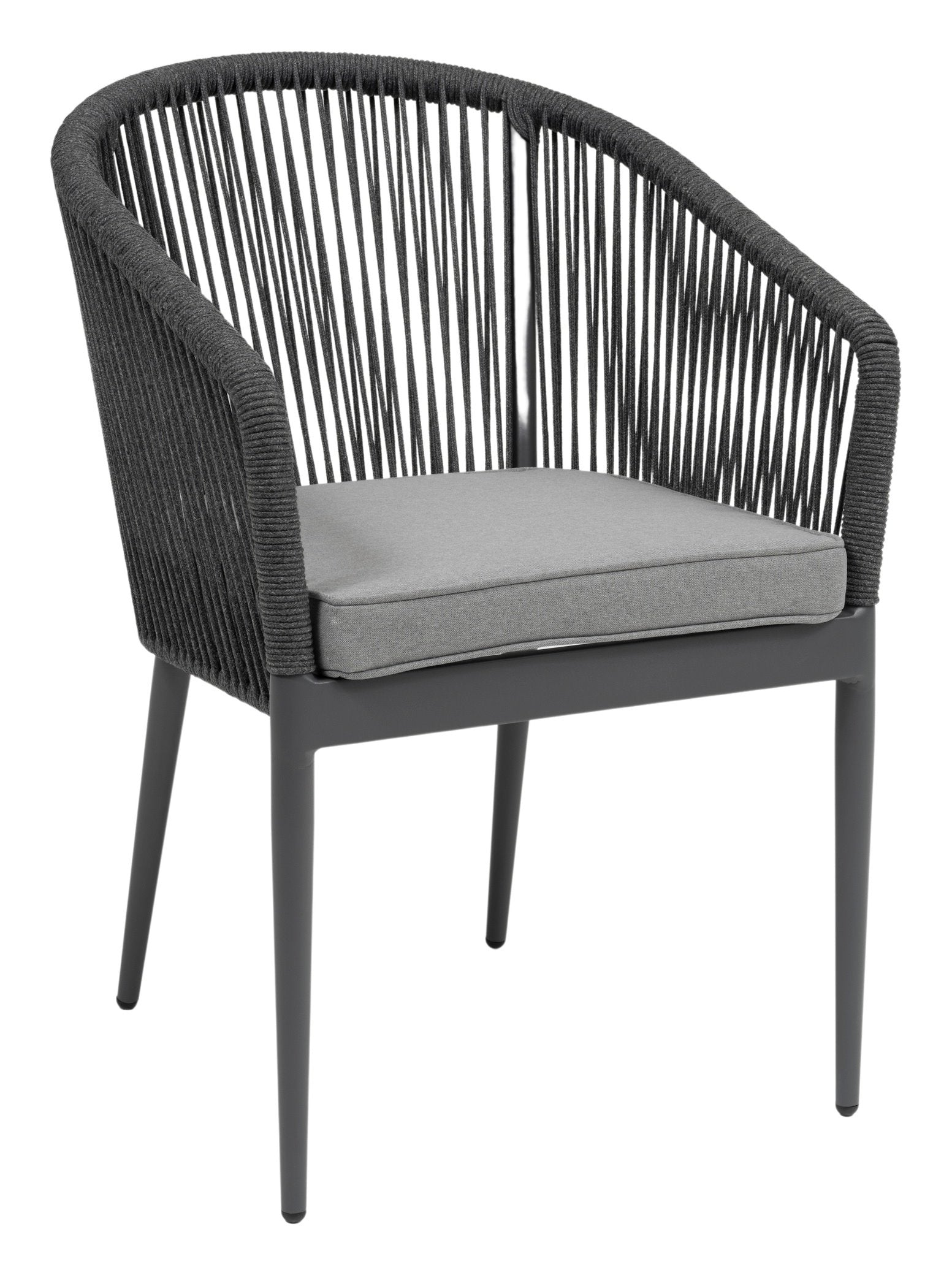 Aurora Gartenstuhl in urbanem Grau mit robustem Textilschnüren und bequemen Kissen, erhältlich bei Gartenmoebelshop.at