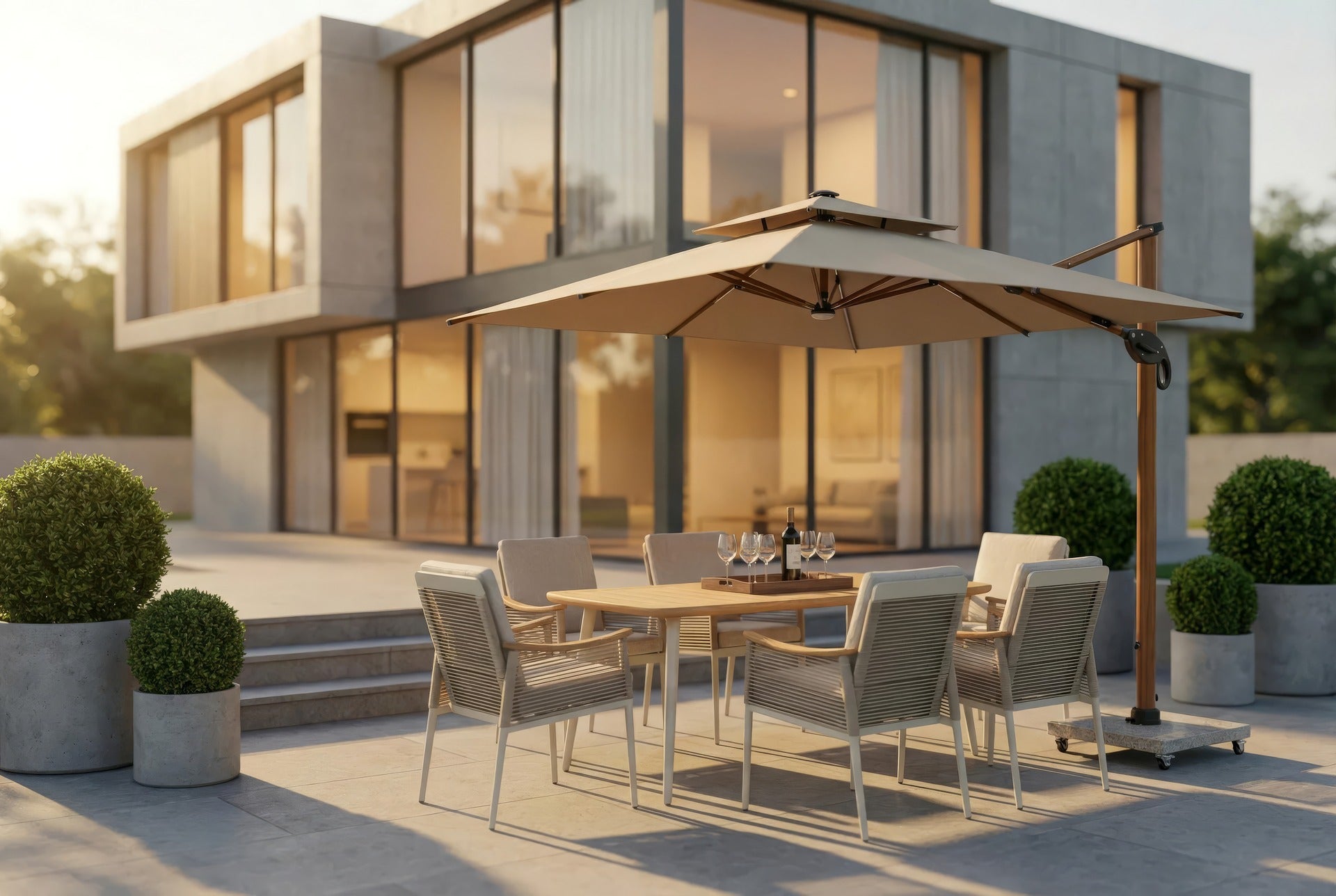 Barney Tischgruppe mit 6 Armstühlen, Aluminiumgestell ivory, Rope-Bespannung und Teakholz-Tischplatte