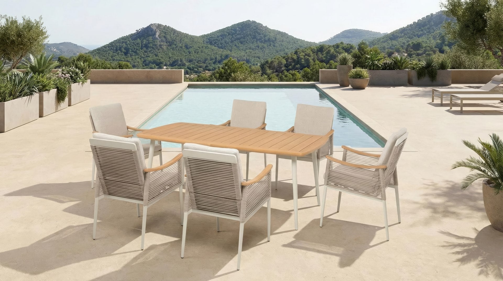 Barney Tischgruppe mit 6 Armstühlen, Aluminiumgestell ivory, Rope-Bespannung und Teakholz-Tischplatte