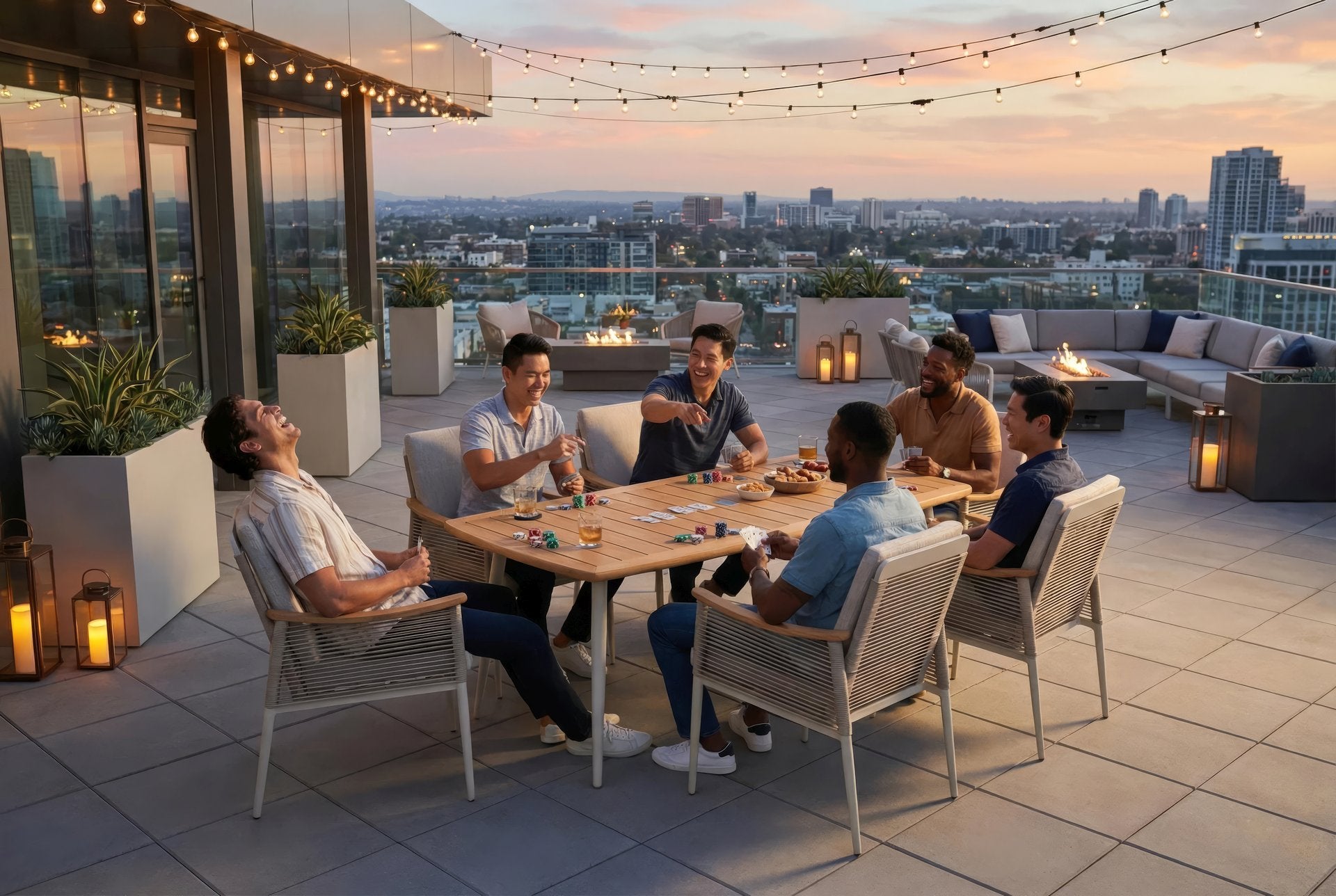 Barney Tischgruppe mit 6 Armstühlen, Aluminiumgestell ivory, Rope-Bespannung und Teakholz-Tischplatte