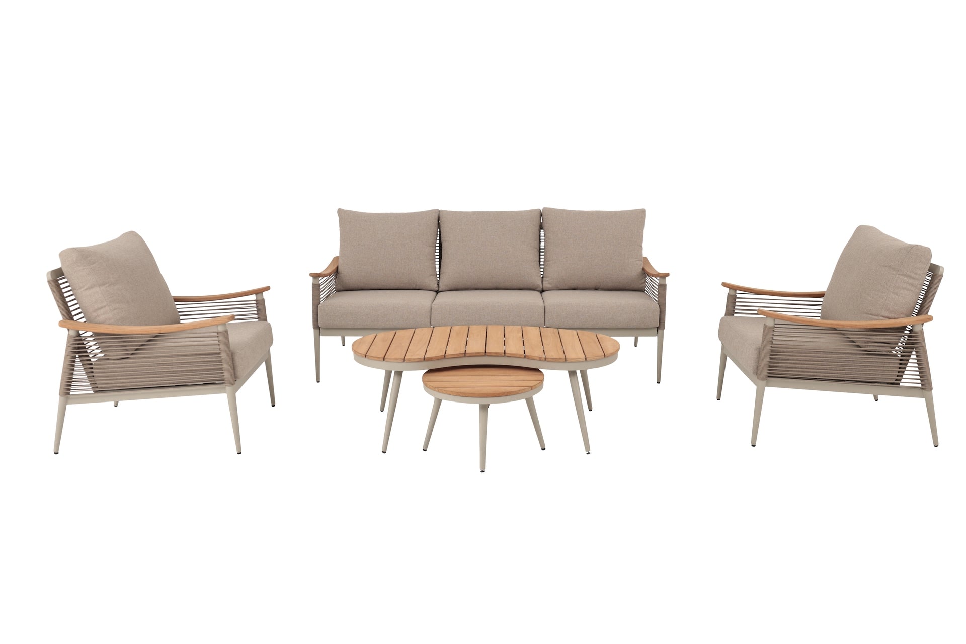 Loungegruppe Barney mit Aluminiumgestell, Textilschnüren, Outdoor-Kissen und zwei Couchtischen