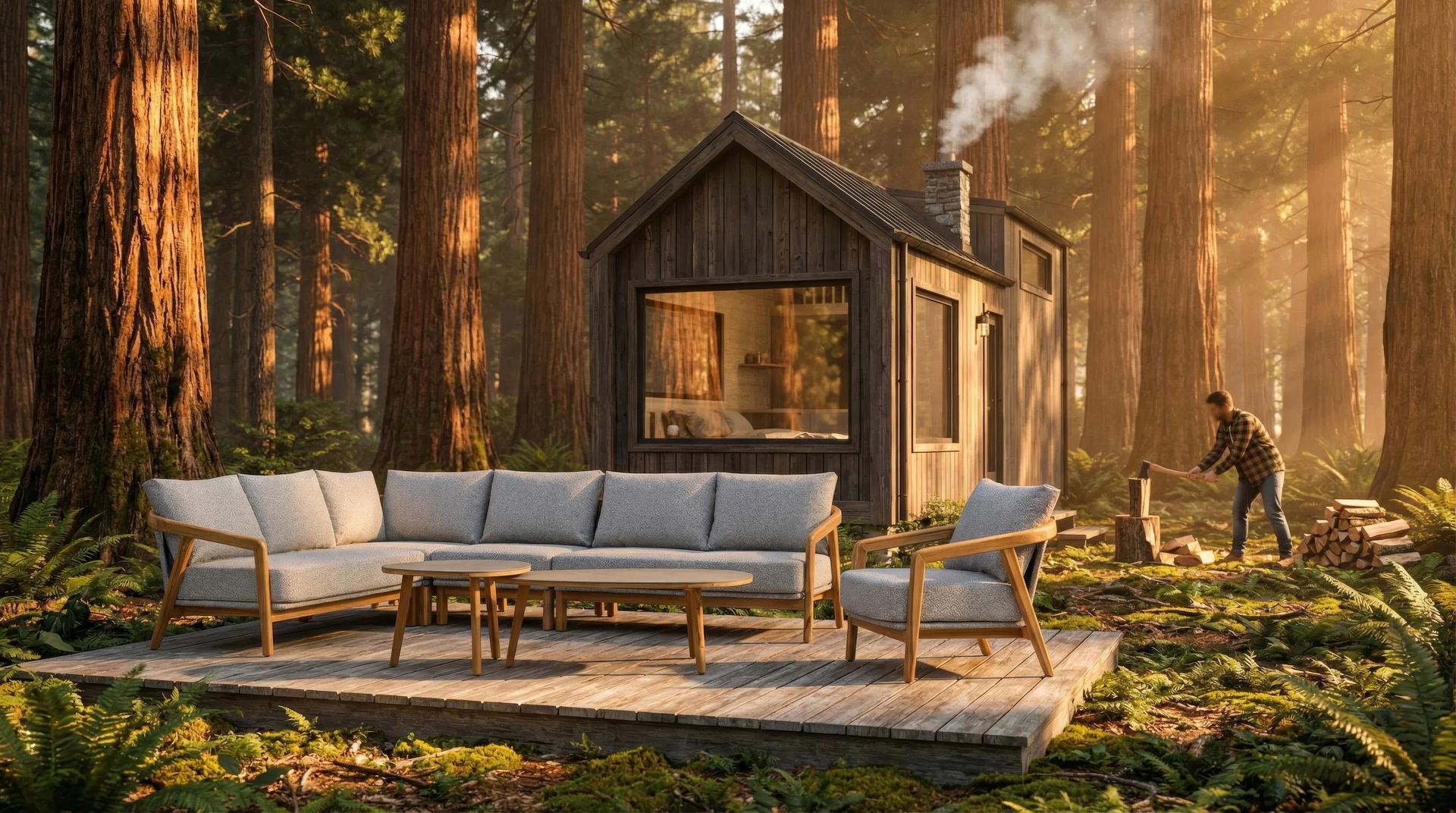 Bella Eck-Gartenlounge aus massivem Teakholz mit hellgrauen Outdoor-Polstern und Couchtischen mit Sinterstone-Tischplatten