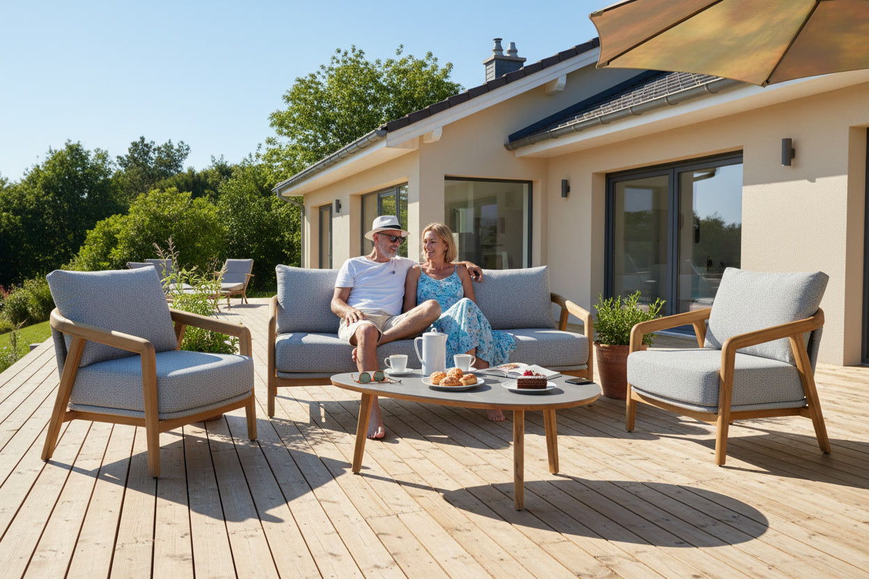 Sofagruppe Bella aus massivem Teakholz mit hellgrauen Outdoor-Polstern und Couchtisch mit Sinterstone-Tischplatte