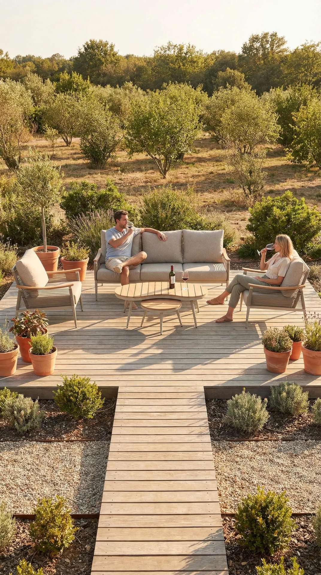Sofagruppe Bella aus massivem Teakholz mit hellgrauen Outdoor-Polstern und Couchtisch mit Sinterstone-Tischplatte