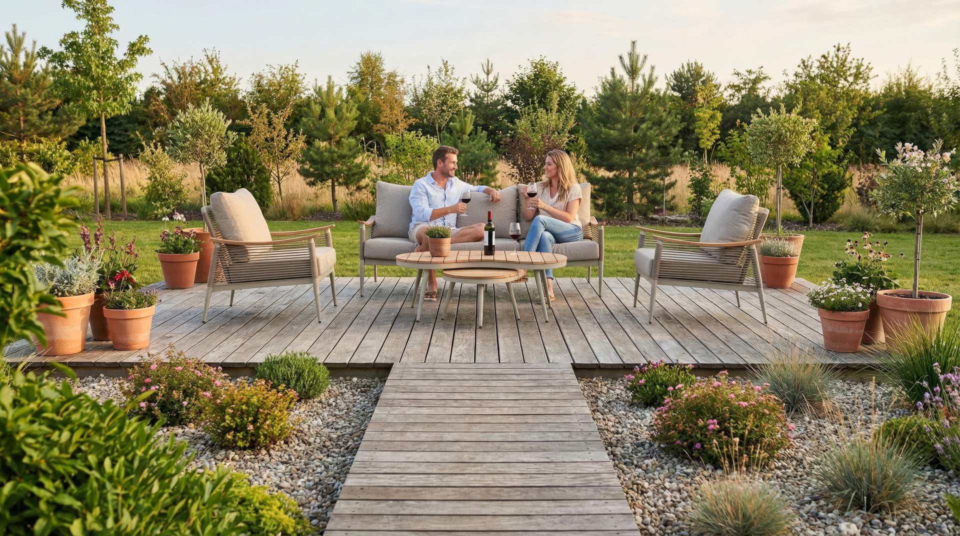Sofagruppe Bella aus massivem Teakholz mit hellgrauen Outdoor-Polstern und Couchtisch mit Sinterstone-Tischplatte
