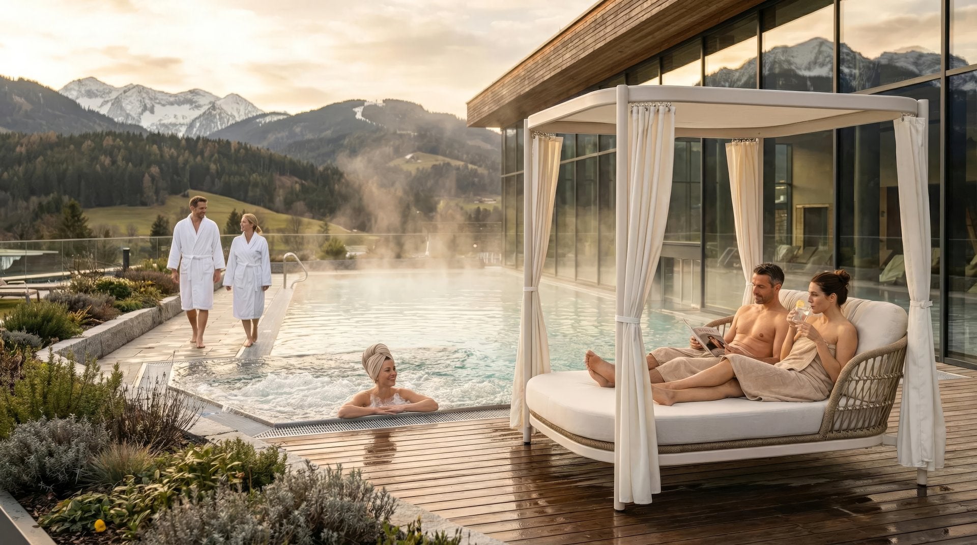 Daybed Benito mit weißem Aluminiumgestell, Naturgeflecht und individuell verschiebbaren Vorhängen.