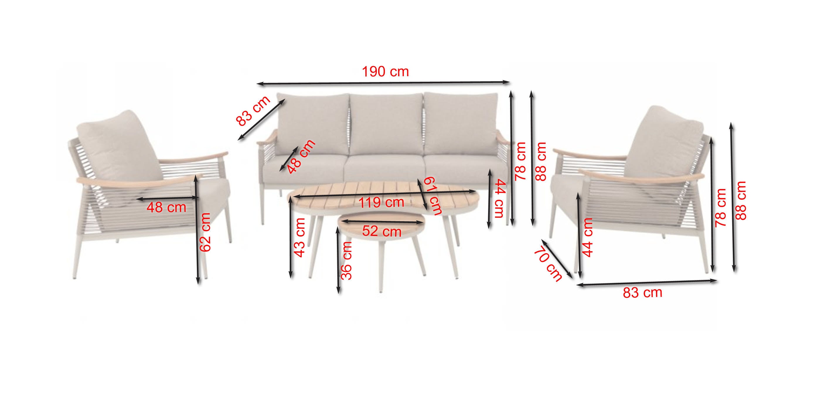 Loungegruppe Barney mit Aluminiumgestell, Textilschnüren, Outdoor-Kissen und zwei Couchtischen
