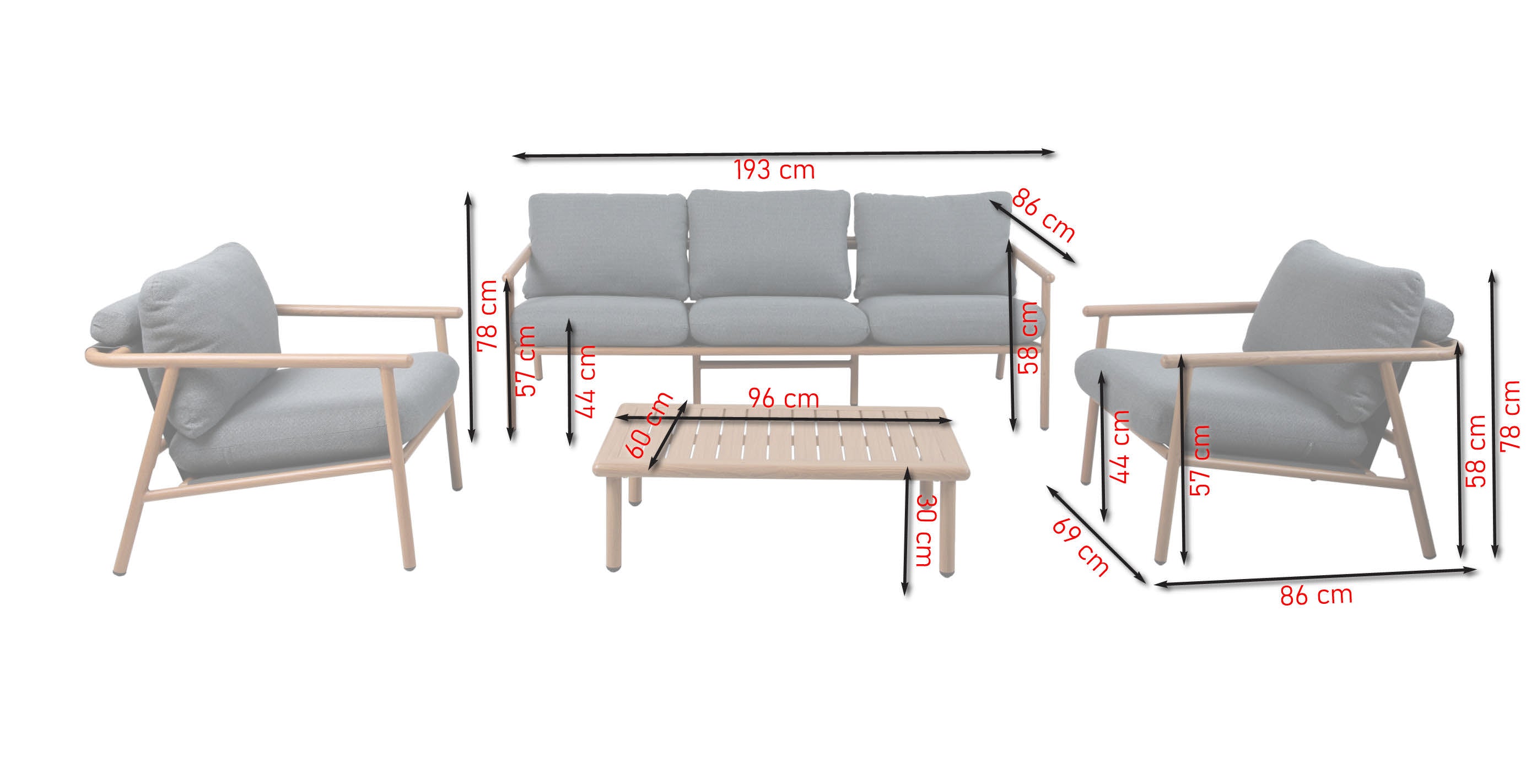 Billie Gartenlounge mit Aluminiumgestell in Holzoptik, Textilenbespannung und dunkelgrauen Outdoor-Kissen