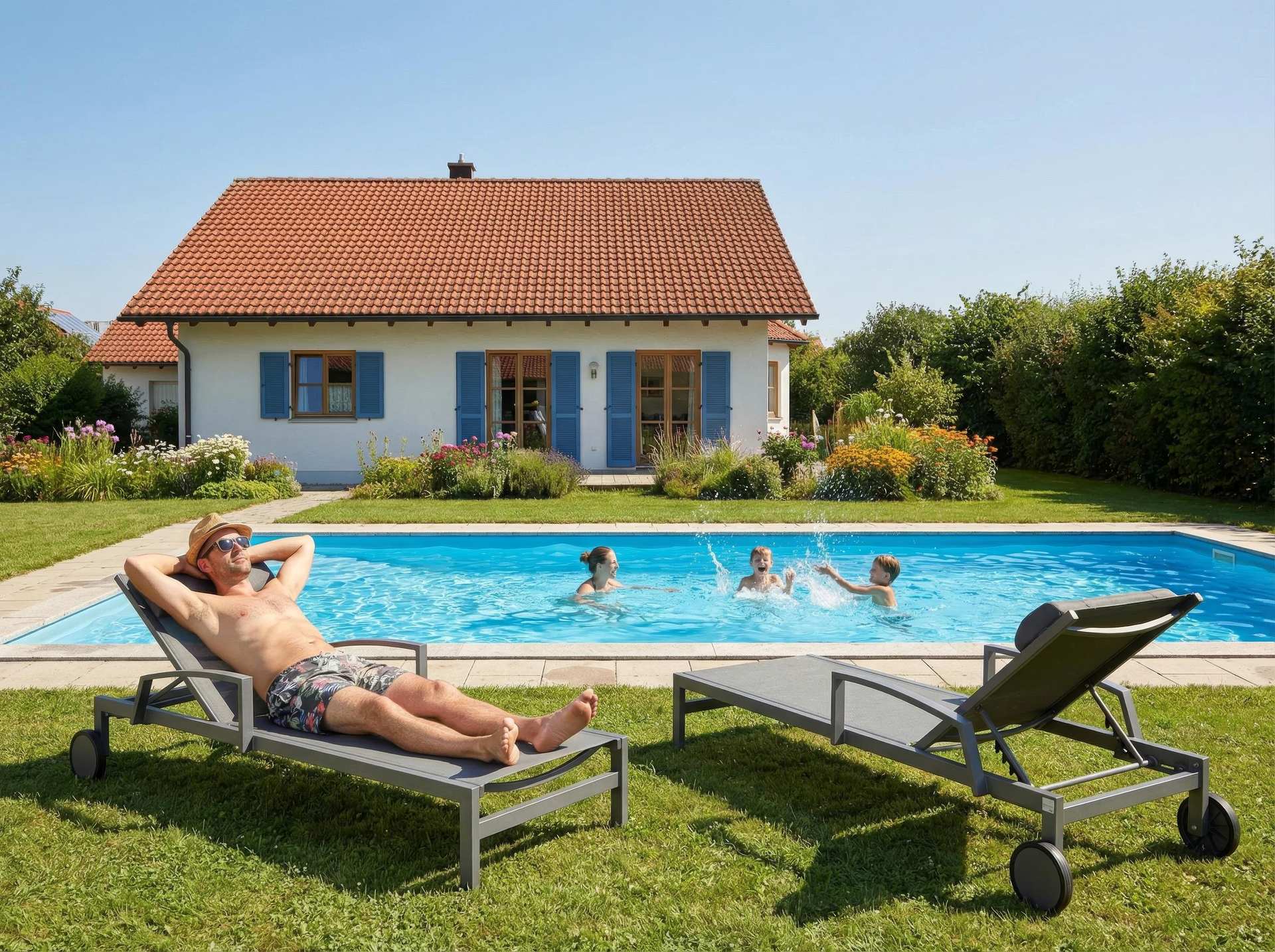 Sonnenliege Caesar mit Aluminiumgestell und Textilen-Bespannung in Dunkelgrau, ausgestattet mit Armstützen und Kopfpolster.