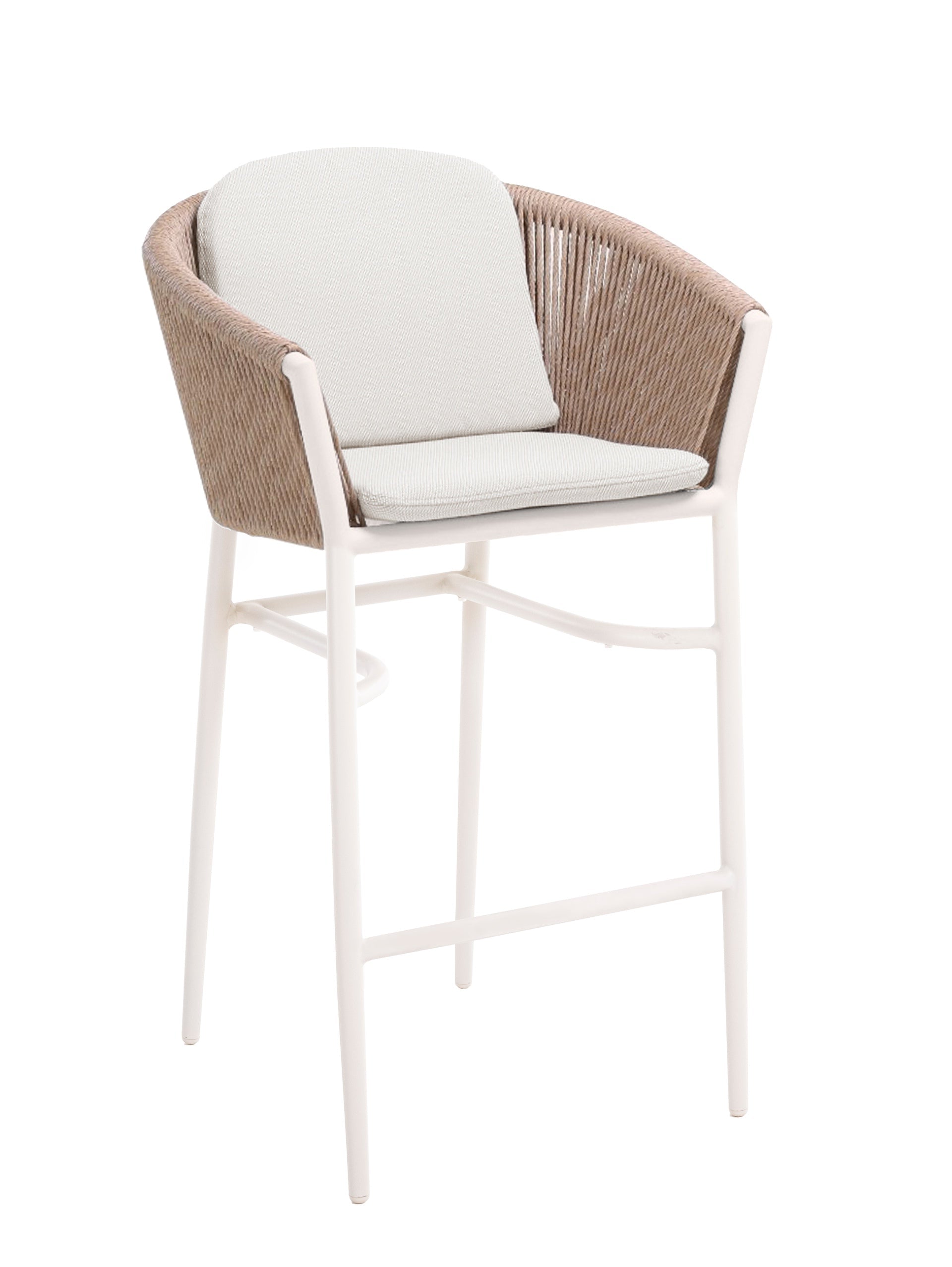 Barhocker Cassidy aus Aluminium in Ivory mit natur-melierten Kunststoffschnüren und hellgrauen Sitz- und Rückenkissen