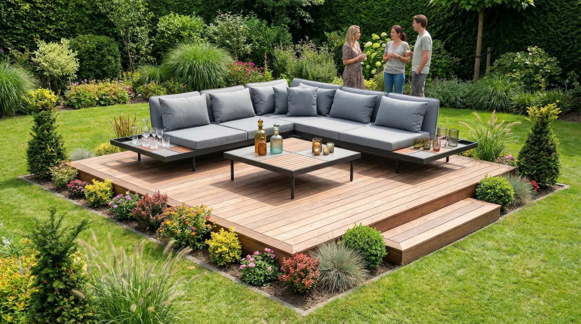 Loungegruppe Cassius mit anthrazitfarbenem Aluminiumgestell, Sinterstone- und Holzdekor-Ablagen, verstellbaren Sitzflächen und wasserabweisenden Kissen in Grau.