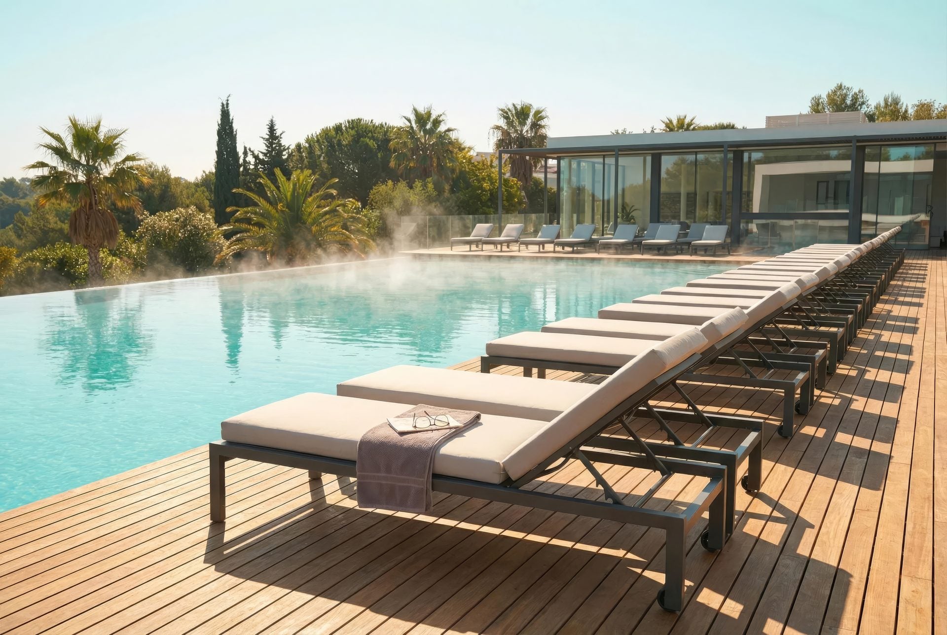 Sonnenliege Cedric-Single mit Aluminiumgestell, Textilen-Bespannung und wetterfester Kissenauflage in Anthrazit.