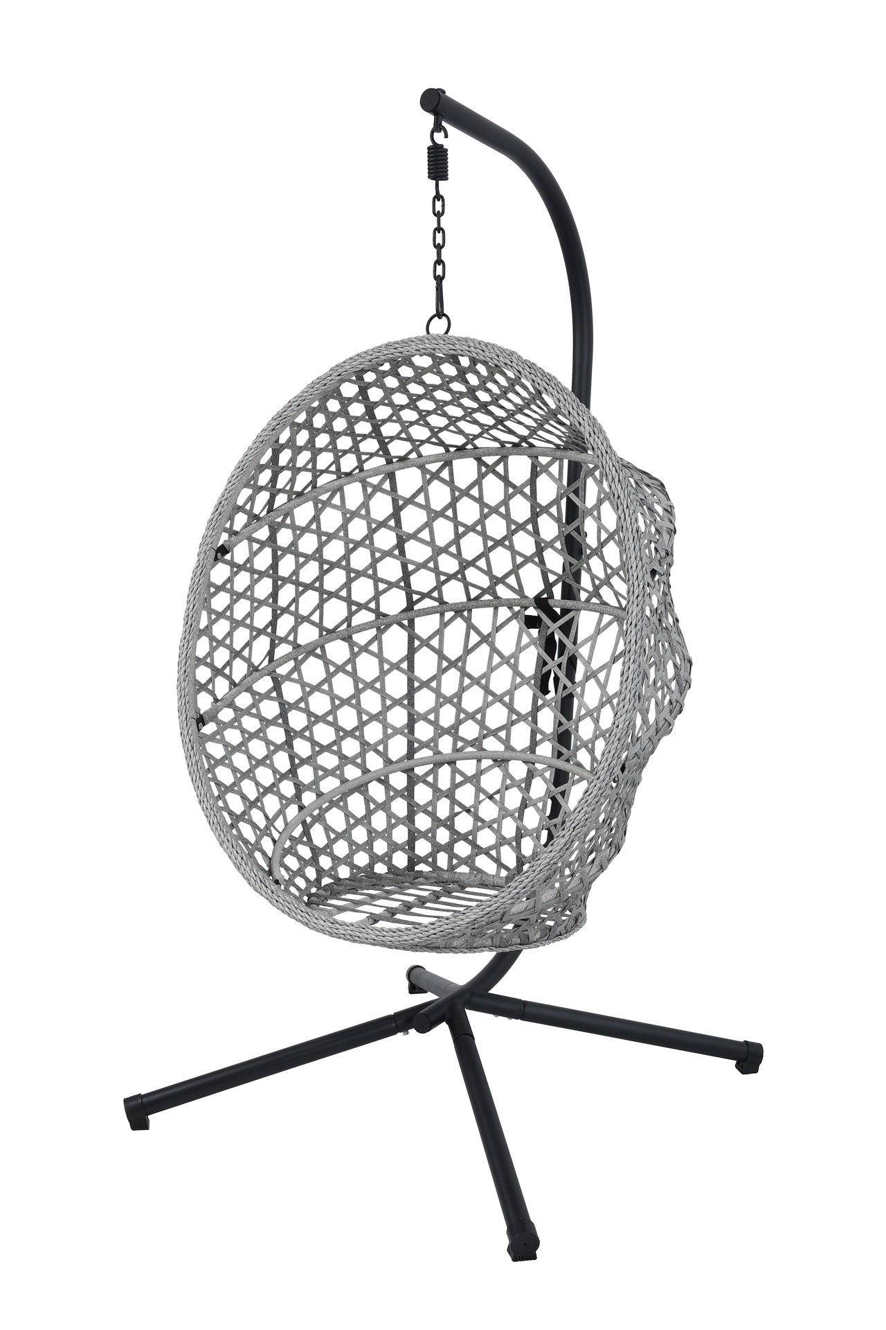 Hängekorb Cleo mit schwarzem Gestell, grauem Kunststoffgeflecht & grauen Polstern – zusammenklappbar & wetterfest.