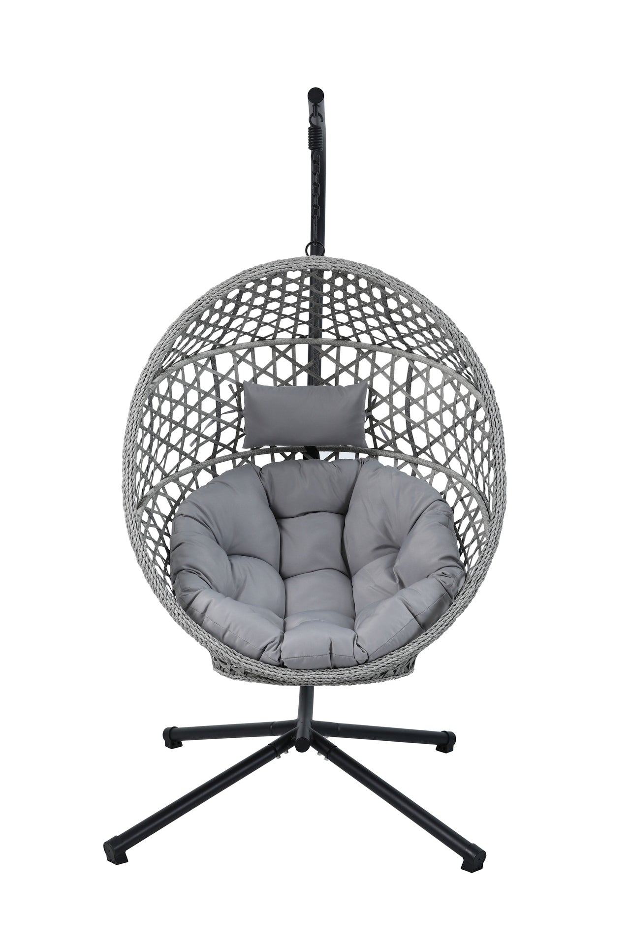 Hängekorb Cleo mit schwarzem Gestell, grauem Kunststoffgeflecht & grauen Polstern – zusammenklappbar & wetterfest.
