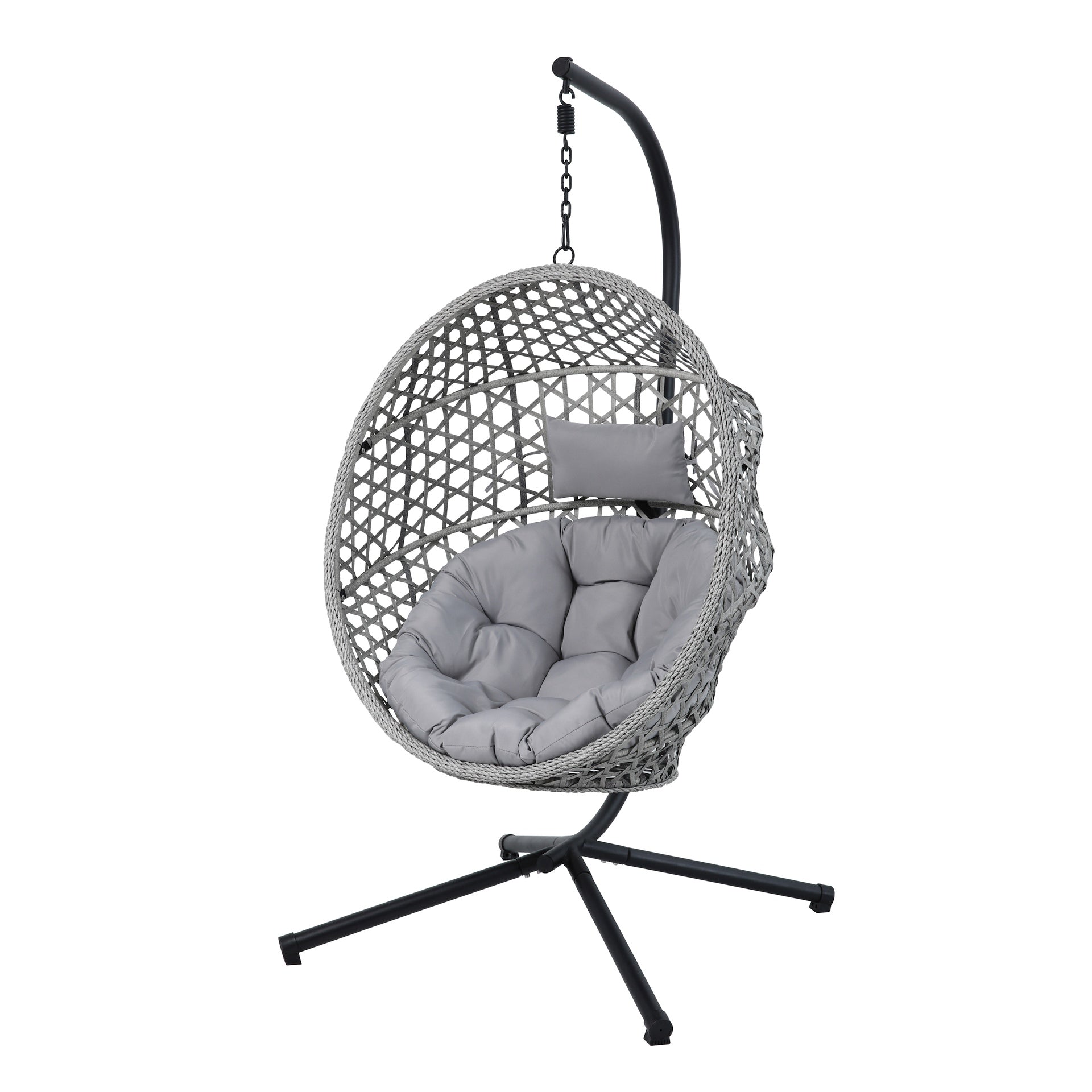 Hängekorb Cleo mit schwarzem Gestell, grauem Kunststoffgeflecht & grauen Polstern – zusammenklappbar & wetterfest.