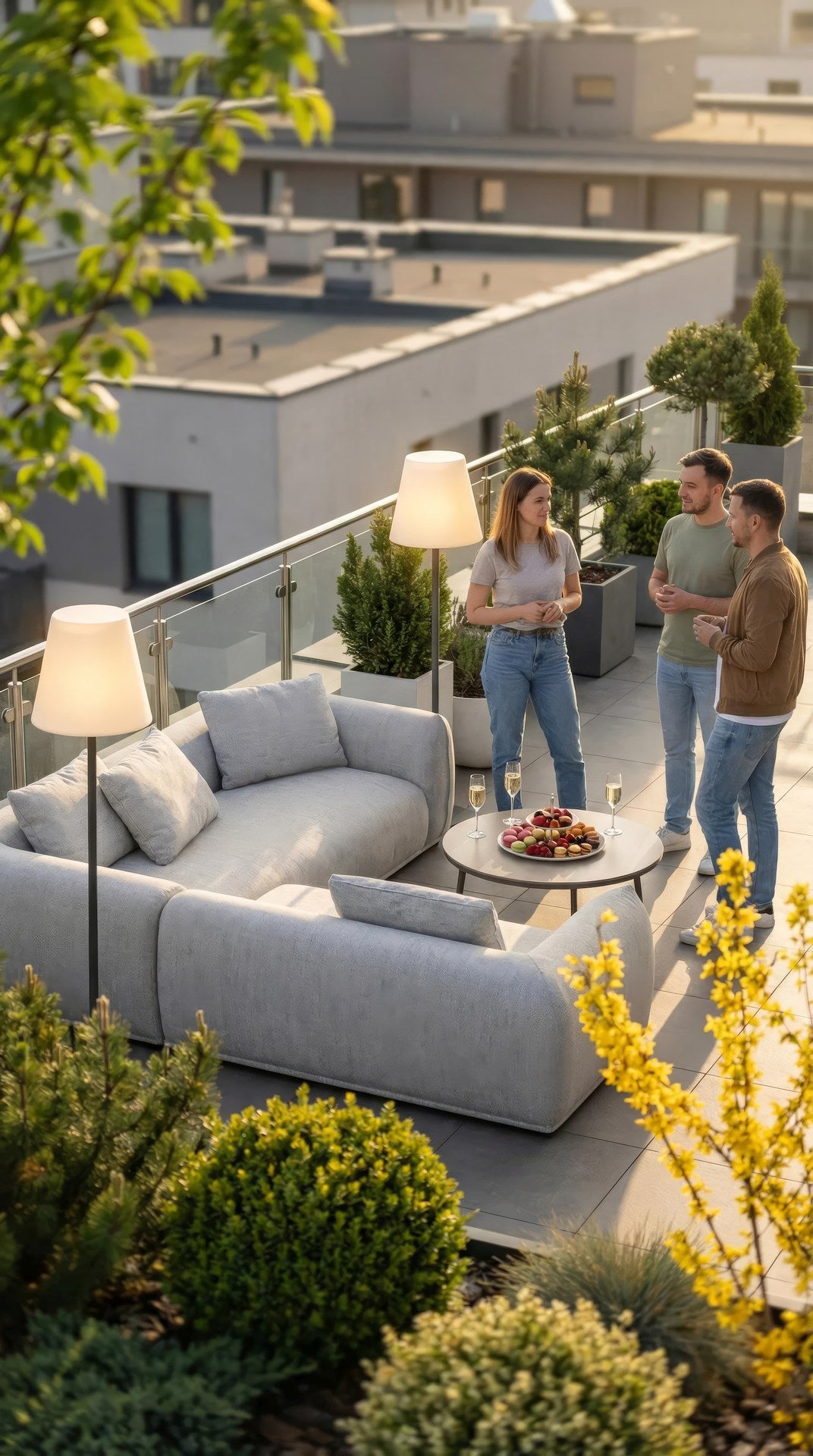 Gartenlounge Daphne Aluminium schwarz mit hellgrau meliertem Outdoorstoff und Couchtisch im Steindekor