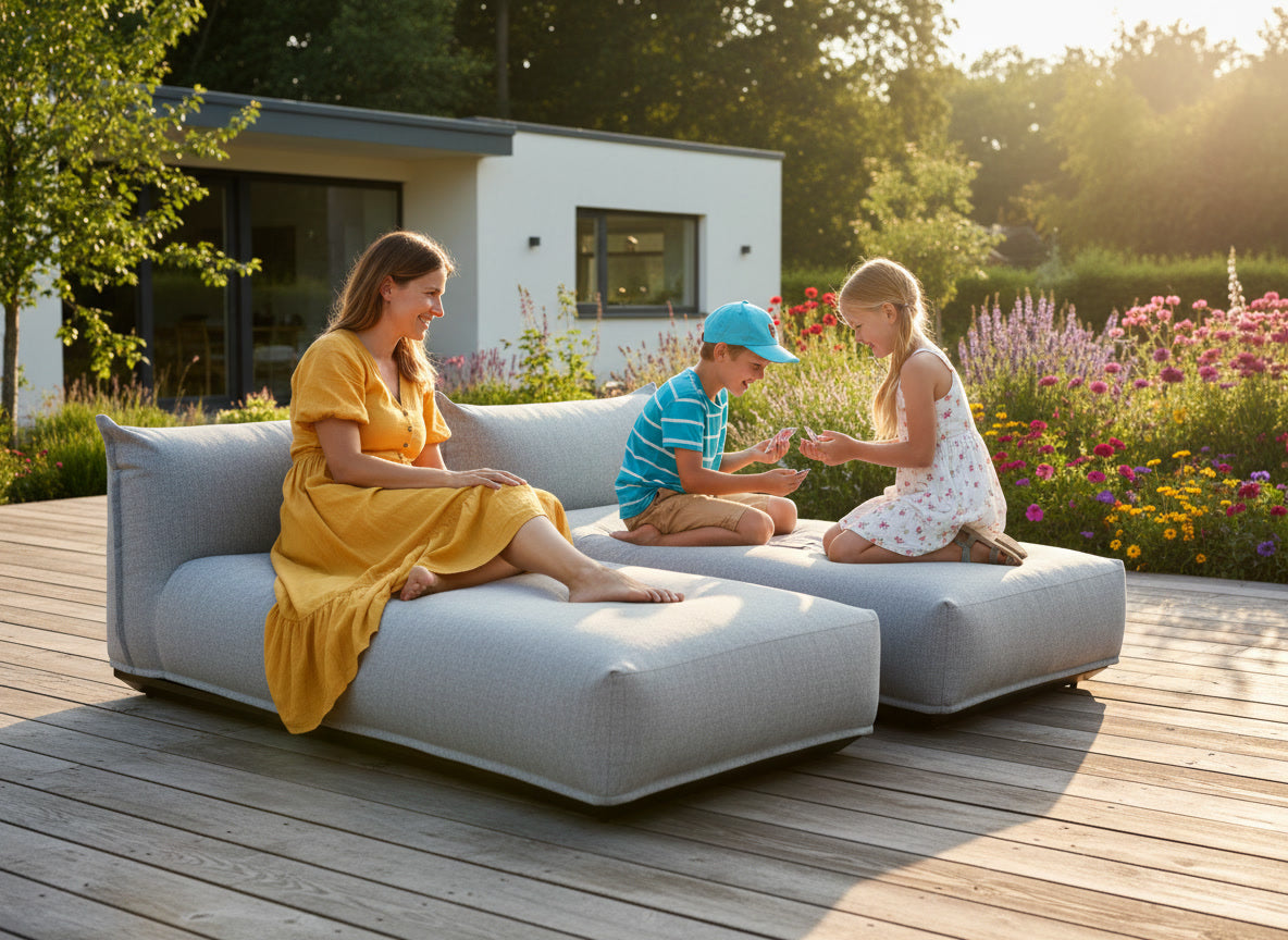 Sonnenliege Daphne in Anthrazit mit hellgrauem, witterungsbeständigem Bezug inklusive Schutzhülle für den Außenbereich