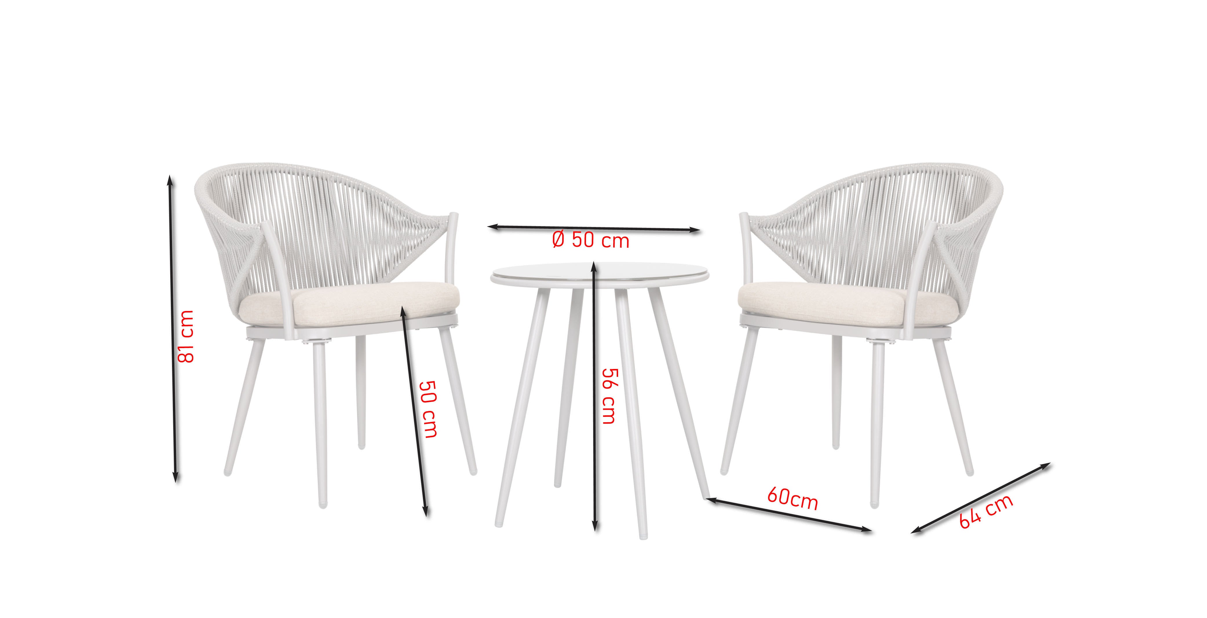 Loungegruppe Denise mit zwei Outdoor-Armstühlen in Taupe und rundem Beistelltisch mit ESG-Glasplatte für Balkon und Terrasse.