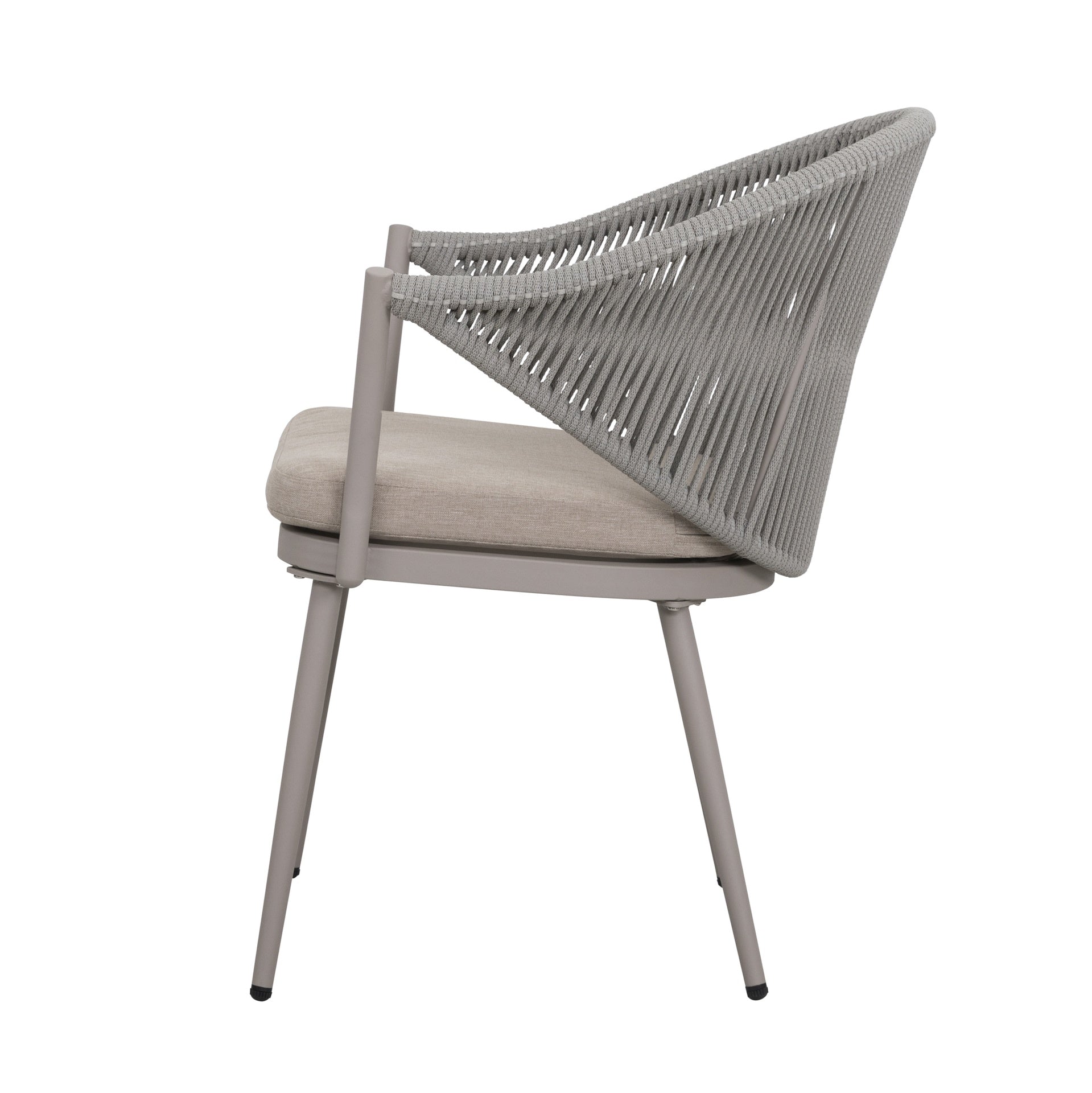 Tischgruppe Denise mit Esstisch 160x90 cm und 6 Armstühlen in grau-beige mit Textilschnüren und Sitzkissen – Outdoor Gartenmöbelshop.at