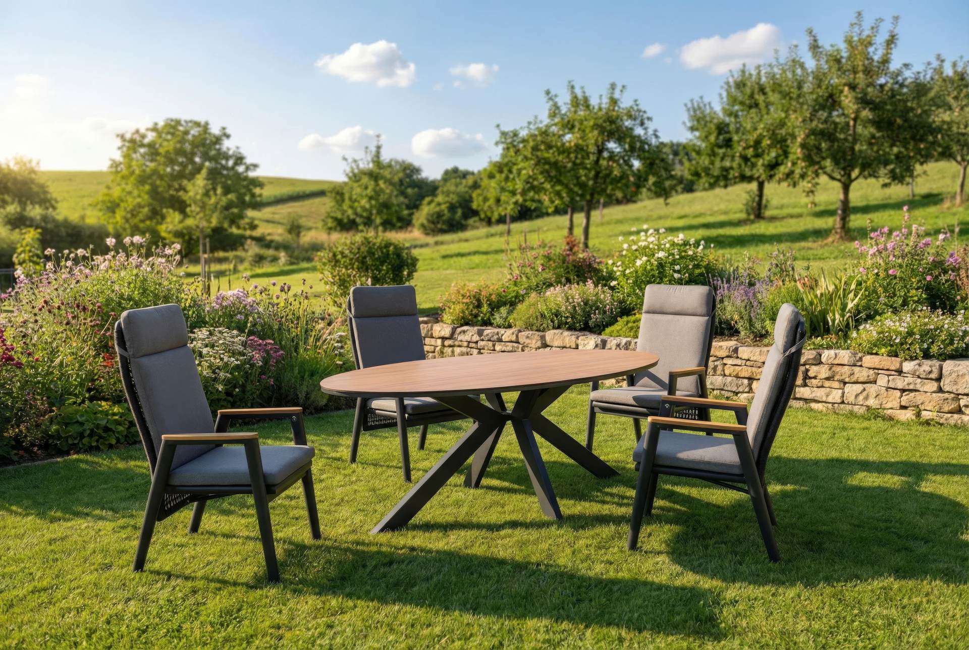 Devin-Oval Gartentisch 240x120 cm mit Aluminiumgestell anthrazit und HPL-Tischplatte im Walnussdekor