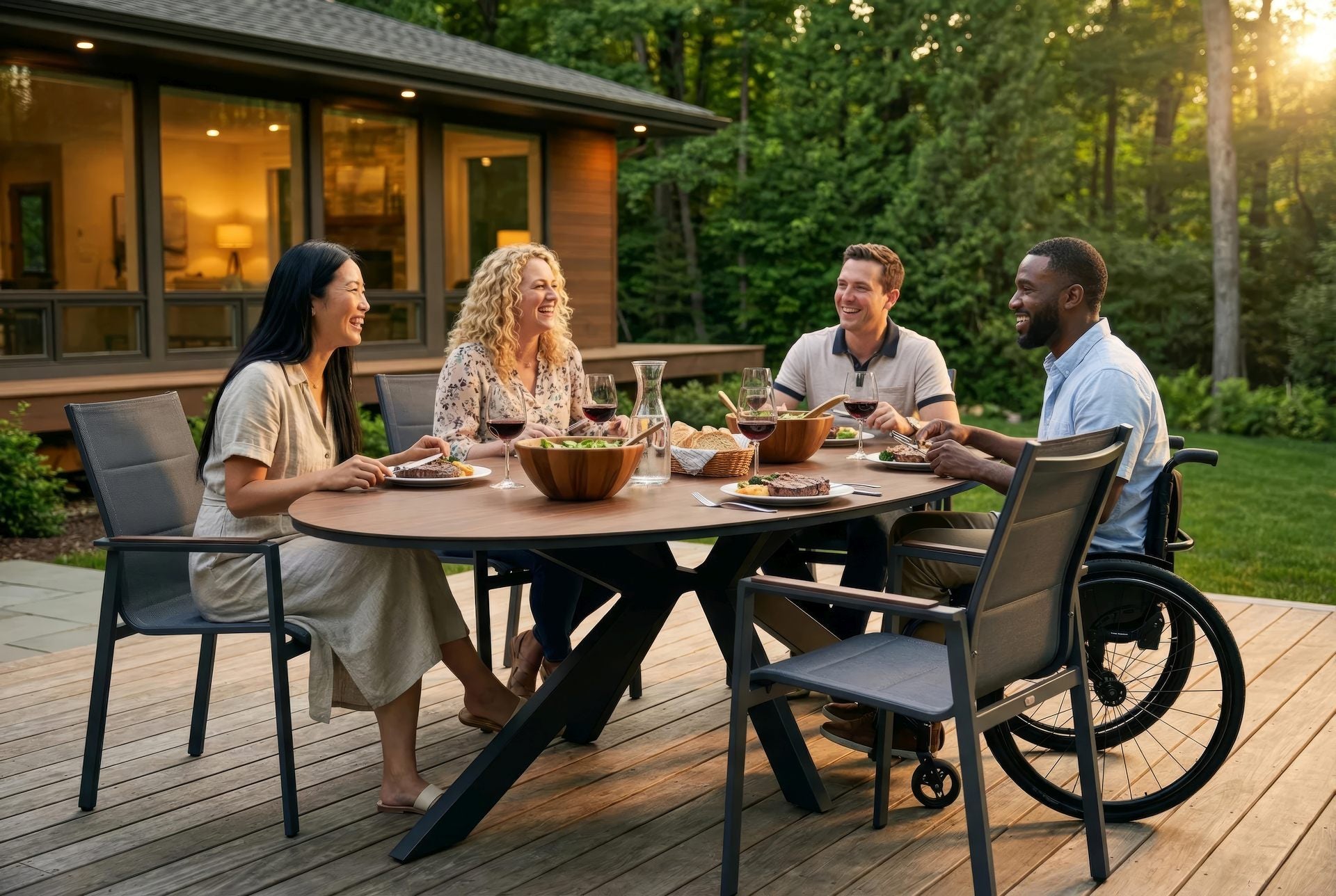 Devin-Oval Gartentisch 240x120 cm mit Aluminiumgestell anthrazit und HPL-Tischplatte im Walnussdekor