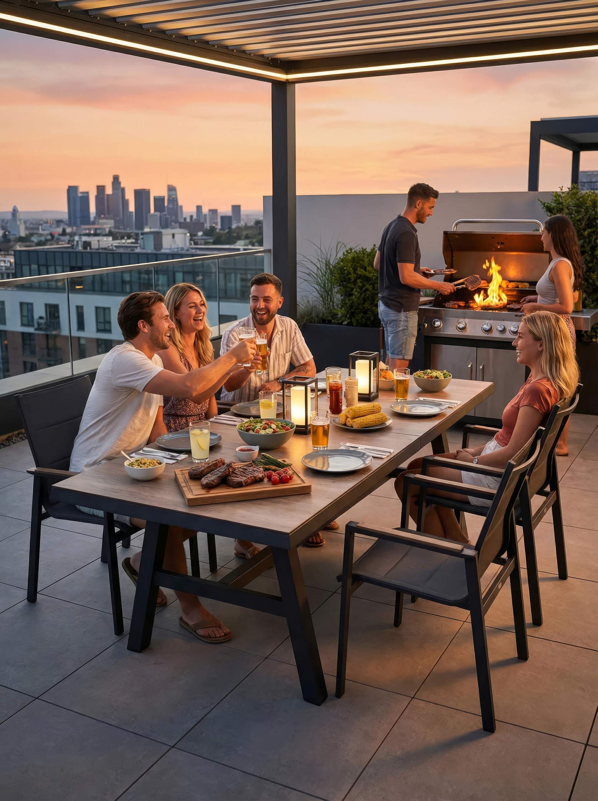 Stilvoller 'Devin' Gartentisch komplett in warmem Holzdekor mit innovativem Synchronauszug, erhältlich bei Gartenmoebelshop.at