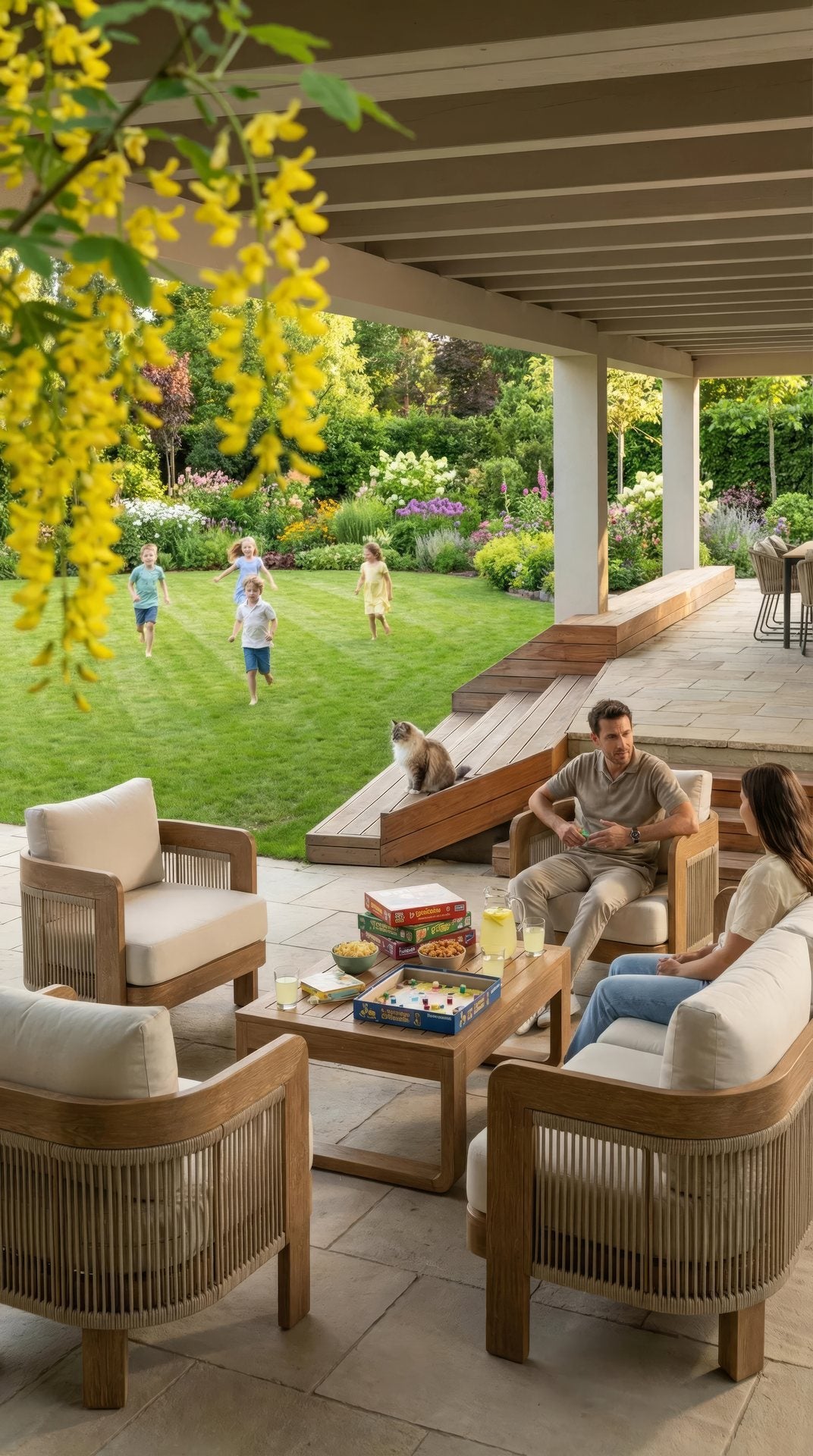 Loungegruppe Dorian mit Aluminium Wood Finish, Textilschnüren und beigen Outdoor-Kissen