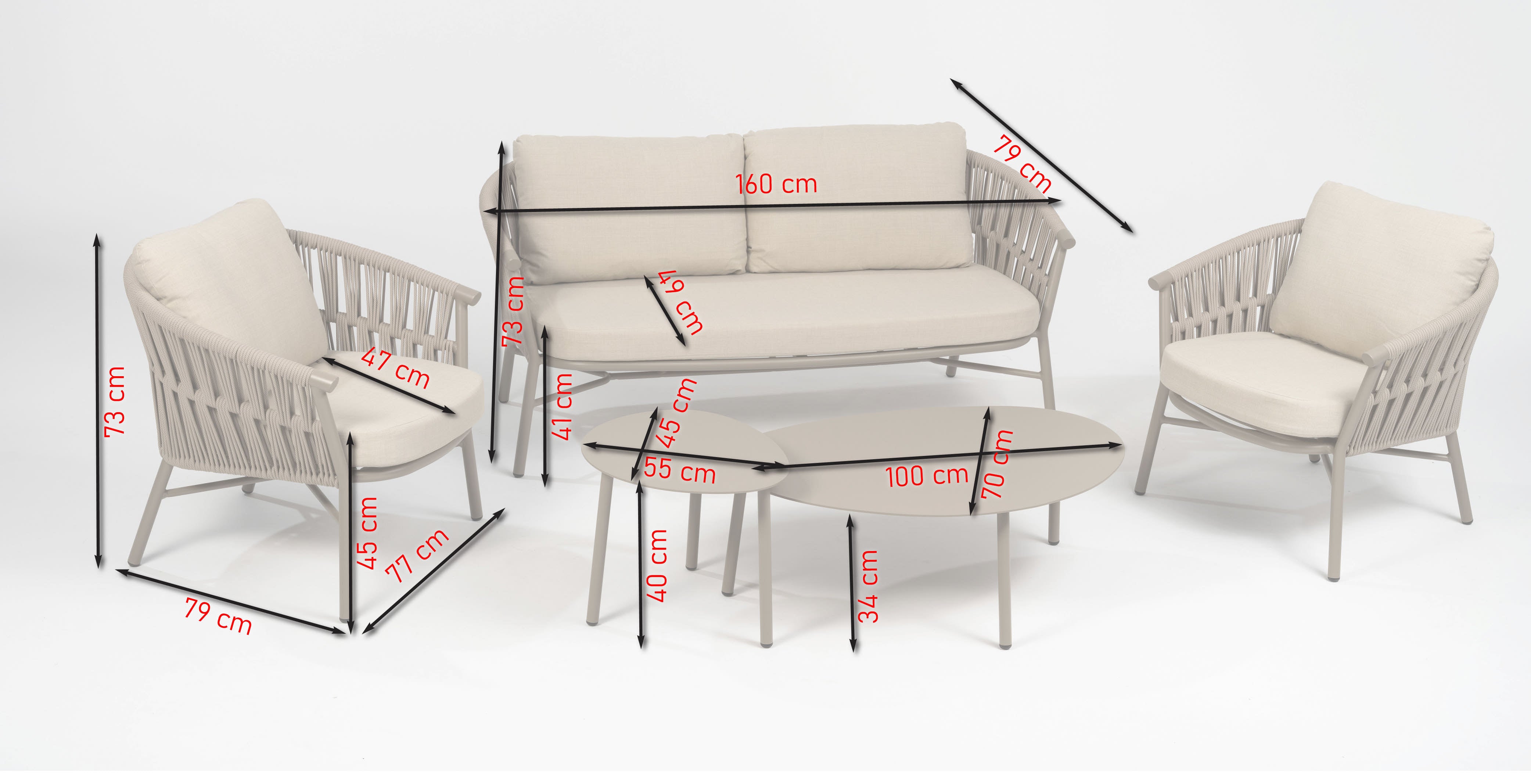 Loungegruppe Fenja aus Aluminium taupe mit beige-melierten Textilschnüren und cremefarbenen Kissen – Set mit 2er Bank, 2 Sesseln und 2 Couchtischen