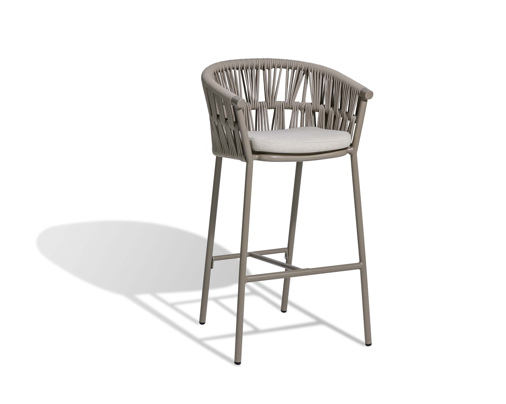 Barhocker Fenja aus Aluminium in Taupe mit beige-melierten Textilschnüren und cremefarbenem Sitzkissen