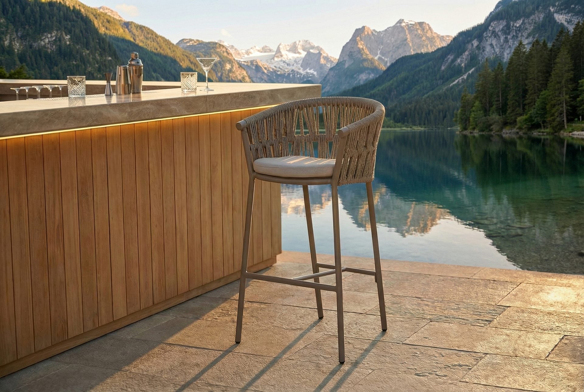 Barhocker Fenja aus Aluminium in Taupe mit beige-melierten Textilschnüren und cremefarbenem Sitzkissen