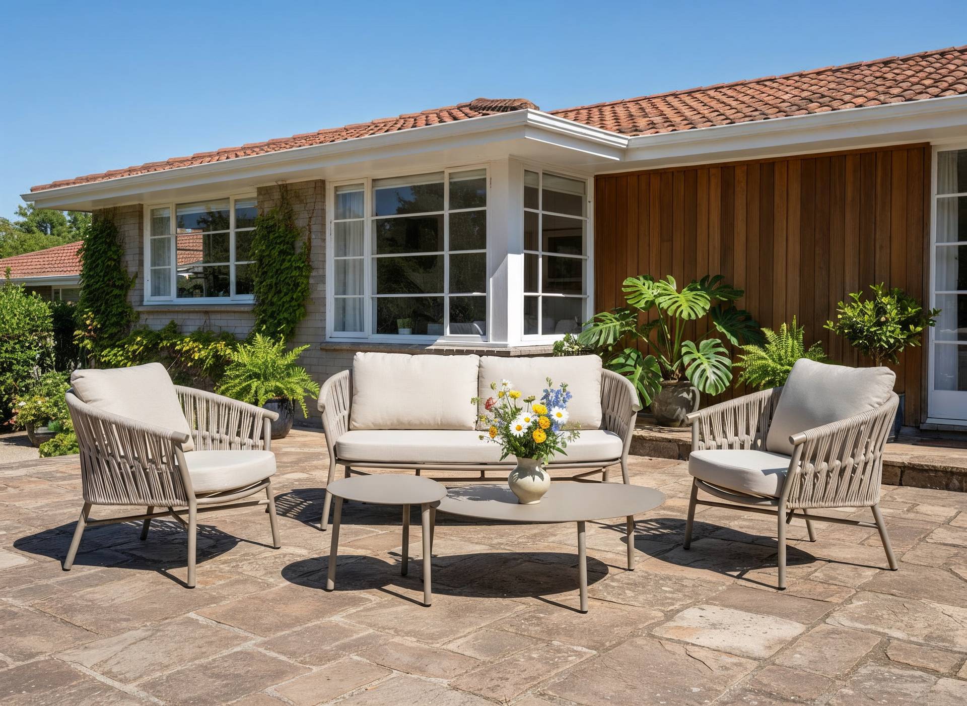 Loungegruppe Fenja aus Aluminium taupe mit beige-melierten Textilschnüren und cremefarbenen Kissen – Set mit 2er Bank, 2 Sesseln und 2 Couchtischen