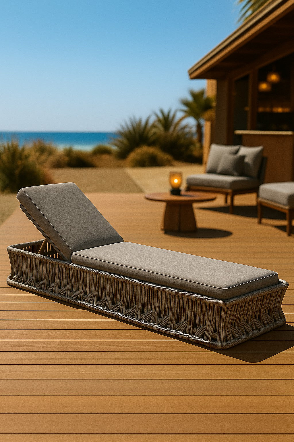 Sonnenliege Fenja – elegante Outdoor-Liege aus Aluminium mit Textilschnüren und verstellbarer Rückenlehne