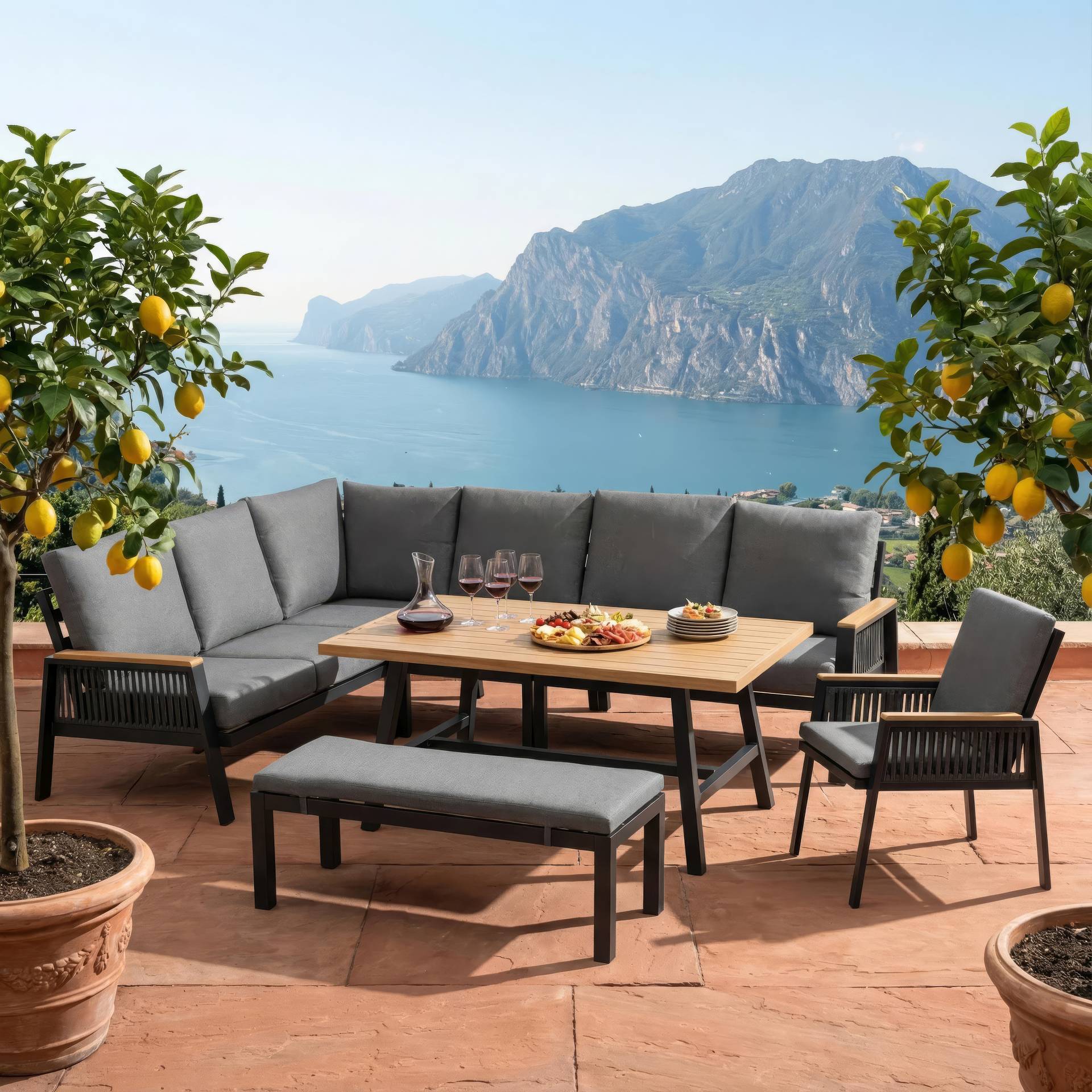 Eckbankgruppe Frederik Outdoor Sitzgruppe aus Aluminium mit Holzdekor Tisch und Textilbändern