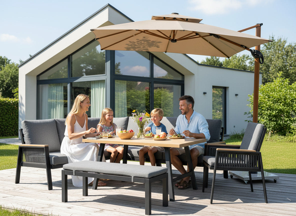 Eckbankgruppe Frederik Outdoor Sitzgruppe aus Aluminium mit Holzdekor Tisch und Textilbändern