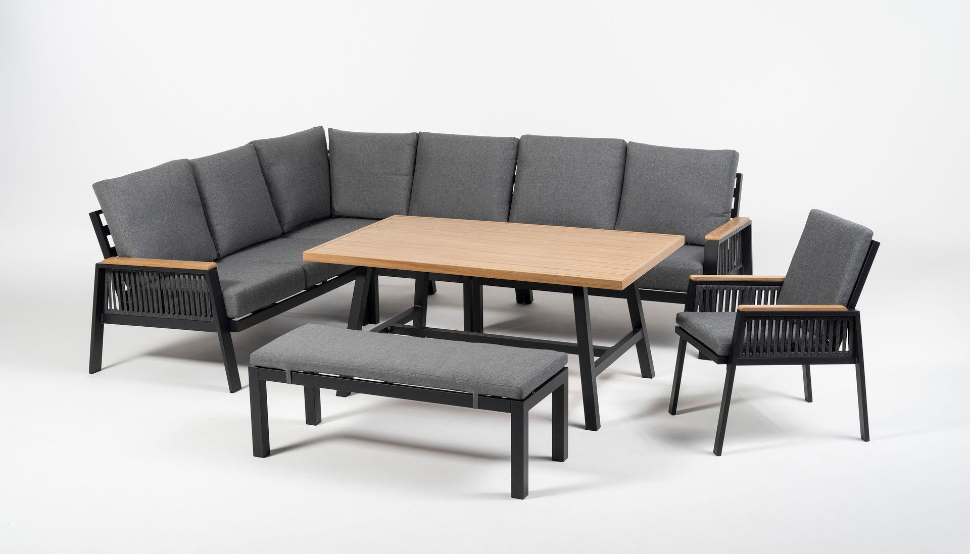 Eckbankgruppe Frederik Outdoor Sitzgruppe aus Aluminium mit Holzdekor Tisch und Textilbändern