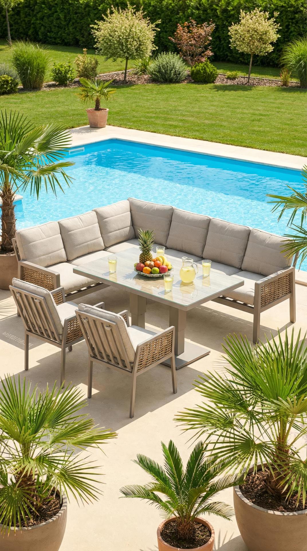 Hailey Eckbankgruppe mit höhenverstellbarem Tisch und Keramikplatte im Holzdekor