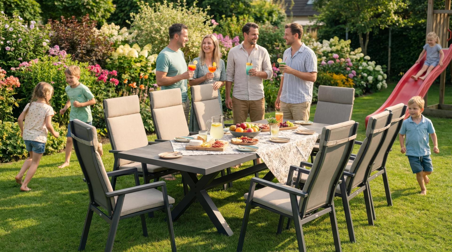 Hedda Gartengruppe mit Tisch und 6 Hochlehnern, Tisch mit Keramiklatten in Steingrau und X-förmigem Aluminiumgestell.