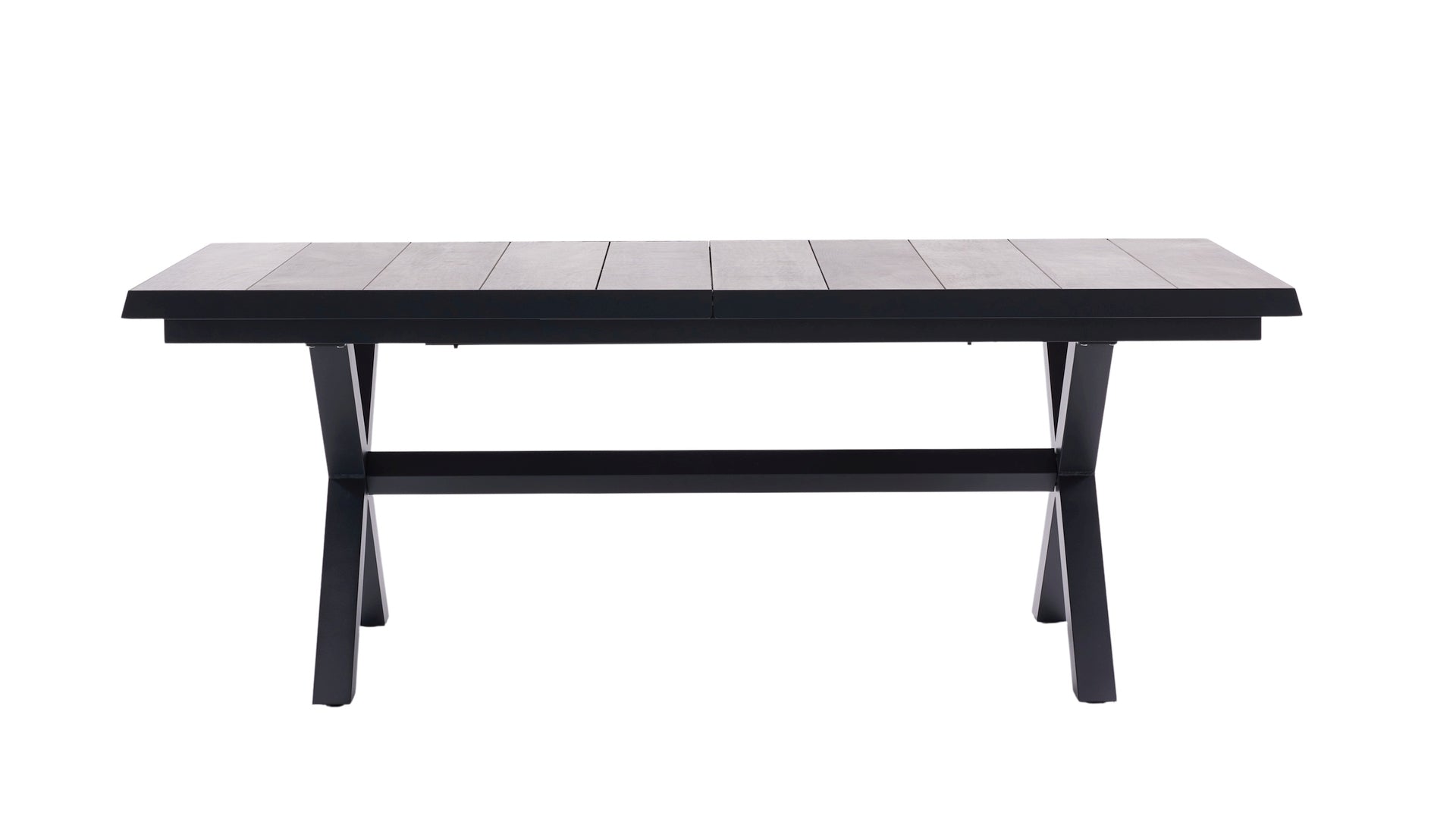 Hedda Gartengruppe mit Tisch und 6 Hochlehnern, Tisch mit Keramiklatten in Steingrau und X-förmigem Aluminiumgestell.