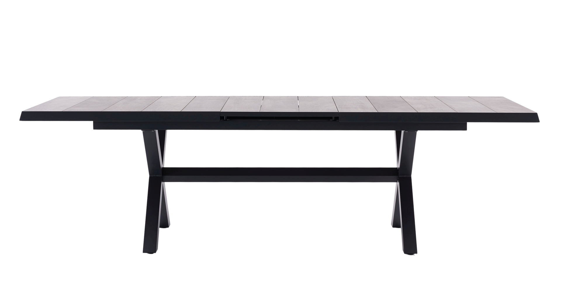 Hedda Gartengruppe mit Tisch und 6 Hochlehnern, Tisch mit Keramiklatten in Steingrau und X-förmigem Aluminiumgestell.