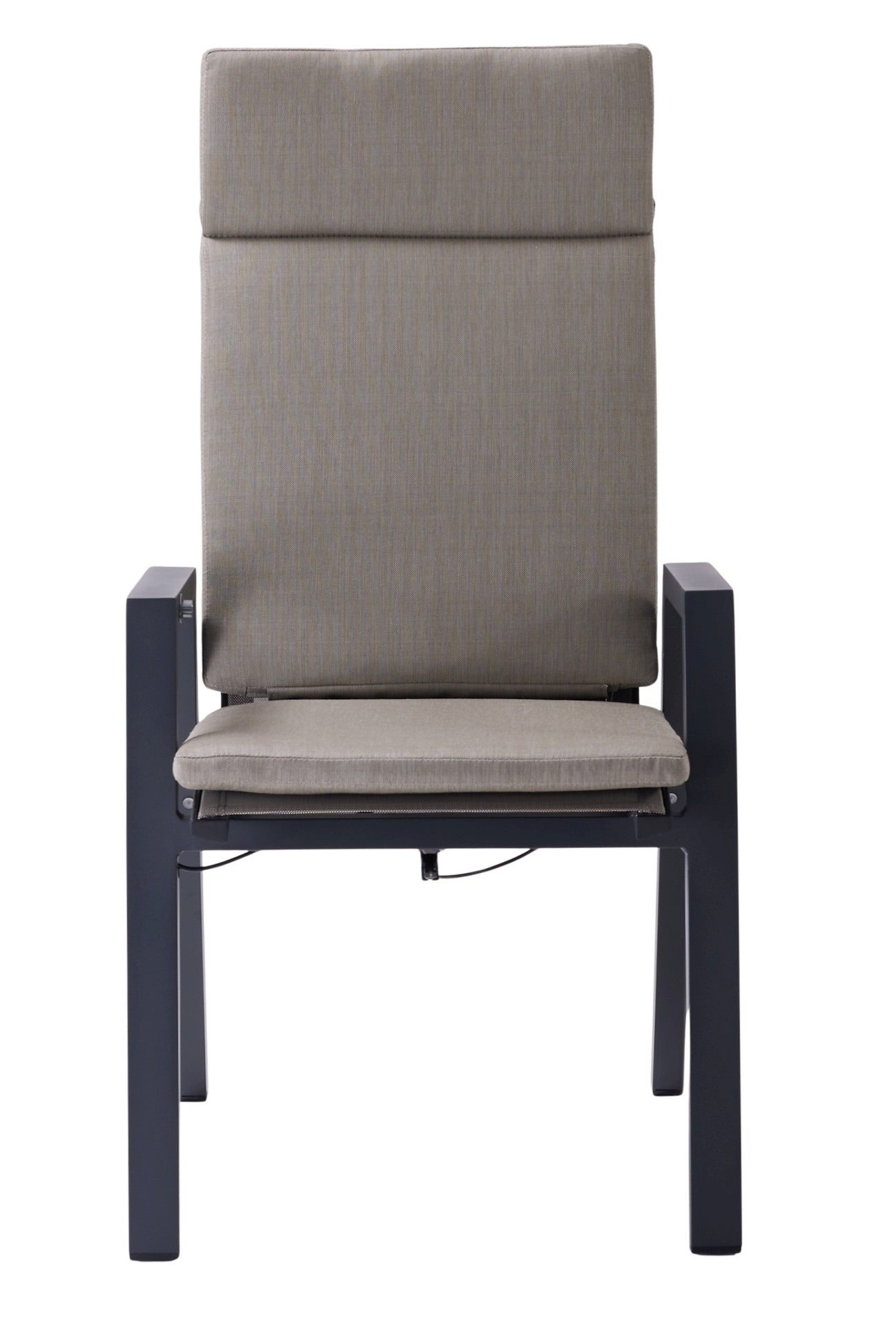 Hedda Gartengruppe mit Tisch und 6 Hochlehnern, Tisch mit Keramiklatten in Steingrau und X-förmigem Aluminiumgestell.