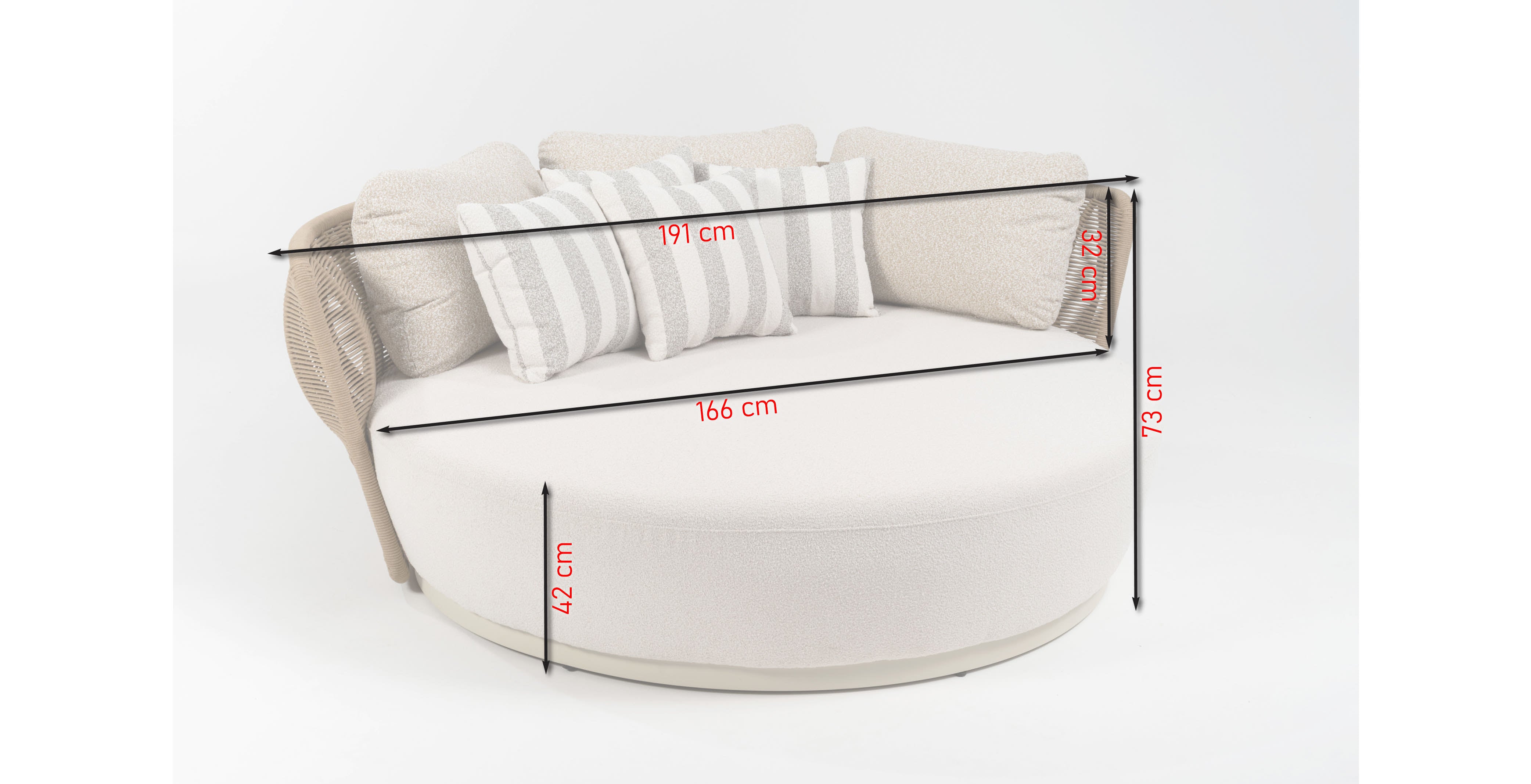 Ireen Daybed rund Ø 191 cm mit Aluminiumgestell ivory, grau-beigem Outdoorstoff und honigfarbenen Kunststoffschnüren