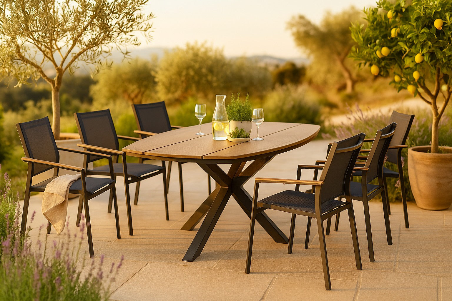 Tischgruppe Lehne mit Polywood-Gartentisch und stapelbaren Armstühlen