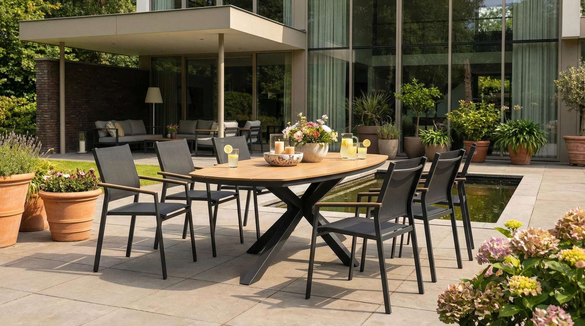 Tischgruppe Lehne mit Polywood-Gartentisch und stapelbaren Armstühlen