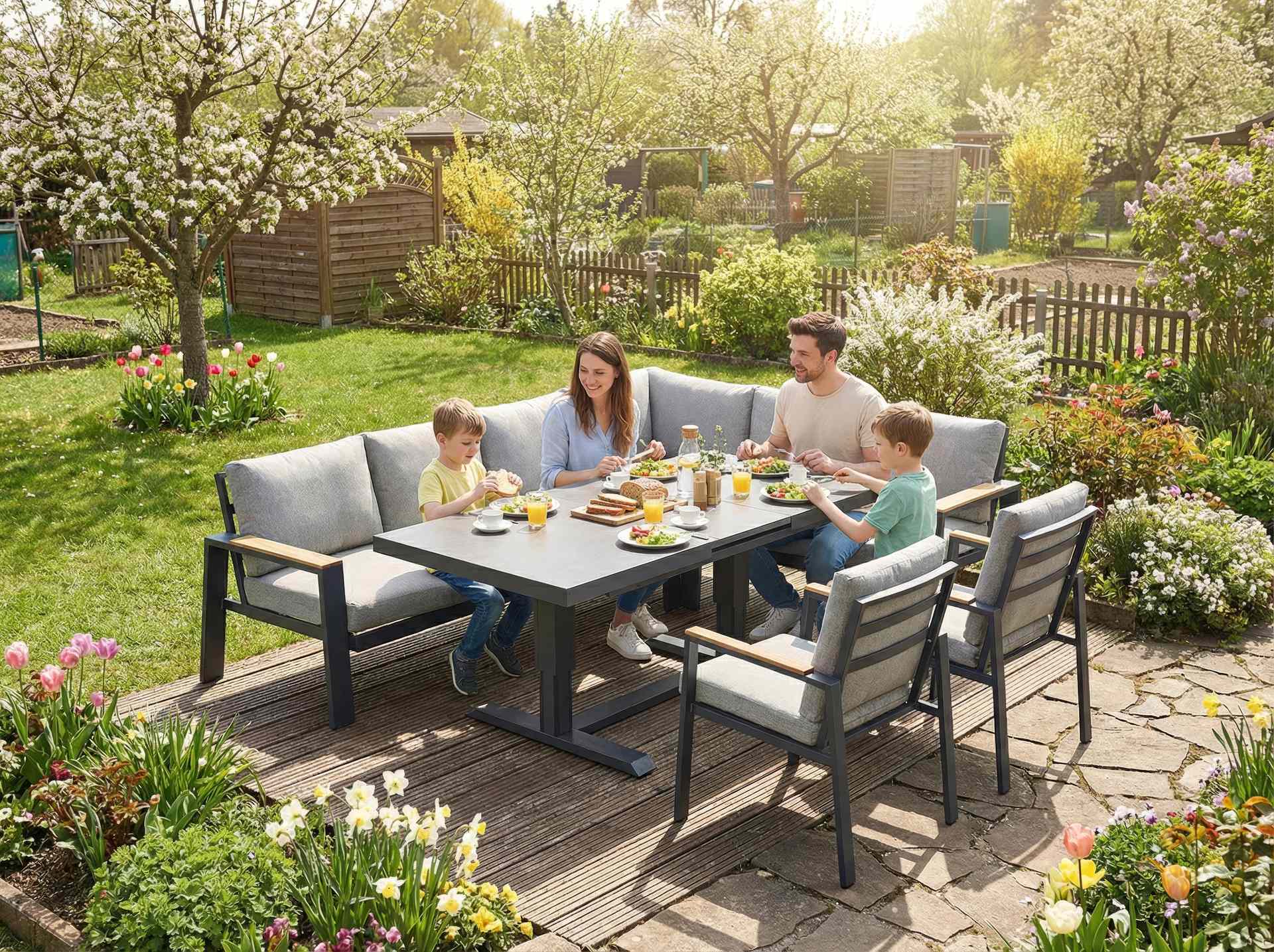 Leon Eckbankgruppe aus Aluminium mit Teakholz-Armlehnen und höhenverstellbarem Sinterstone-Tisch