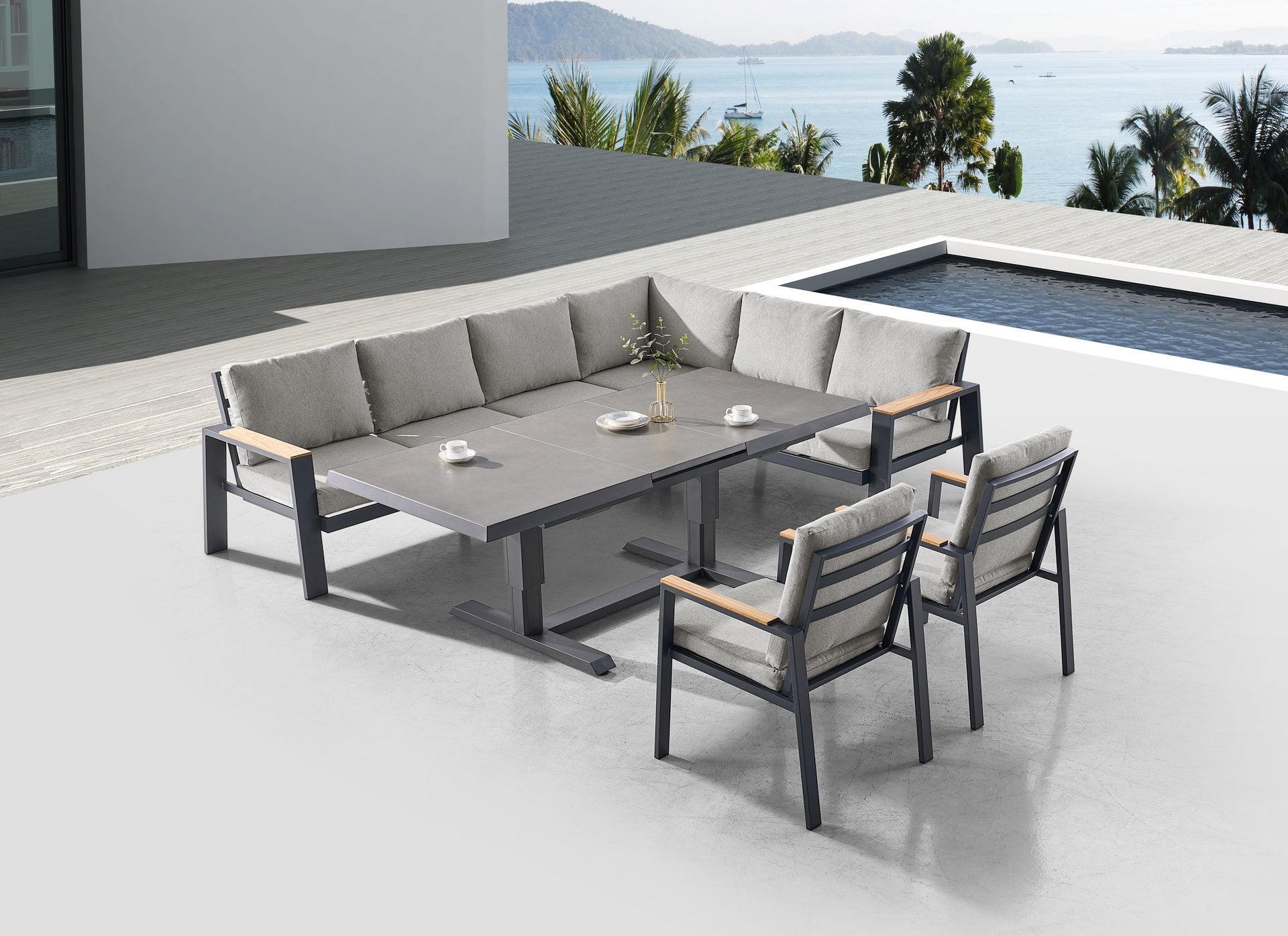 Leon Eckbankgruppe aus Aluminium mit Teakholz-Armlehnen und höhenverstellbarem Sinterstone-Tisch