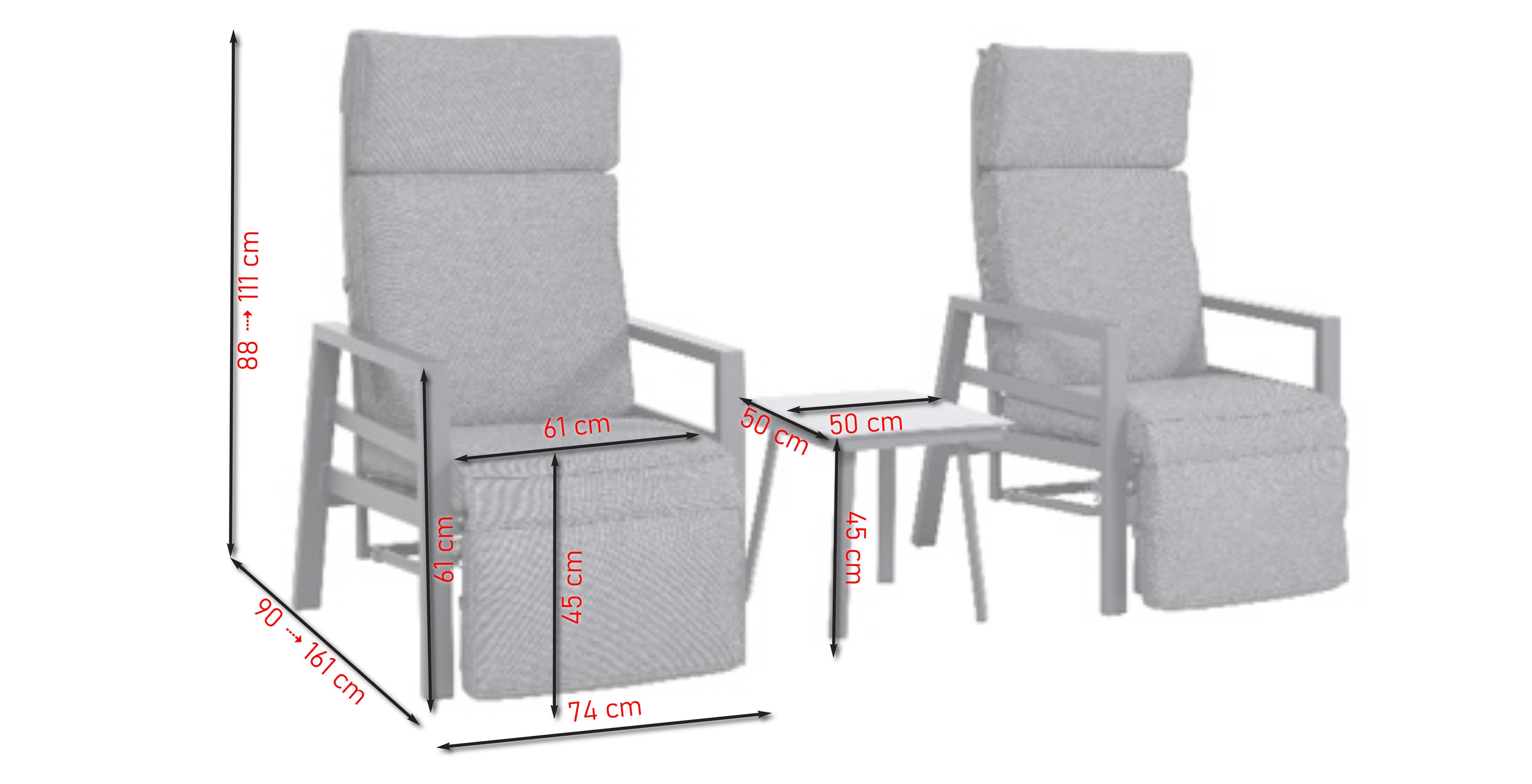 Garten Fauteuil-Set Levi mit stufenlos verstellbarer Rückenlehne, Aluminiumgestell anthrazit und dunkelgrauer Polsterauflage inklusive Glastisch