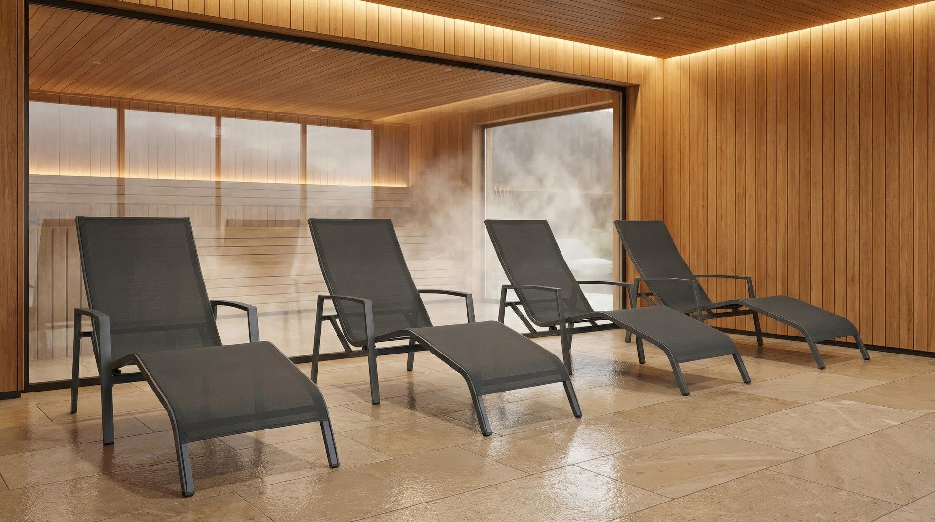 Die Kippliege Mac mit Aluminiumgestell in Anthrazit und Textilenspannung in Dunkelgrau. Ergonomisch, robust und perfekt für Garten oder Sauna. Jetzt online bestellen!