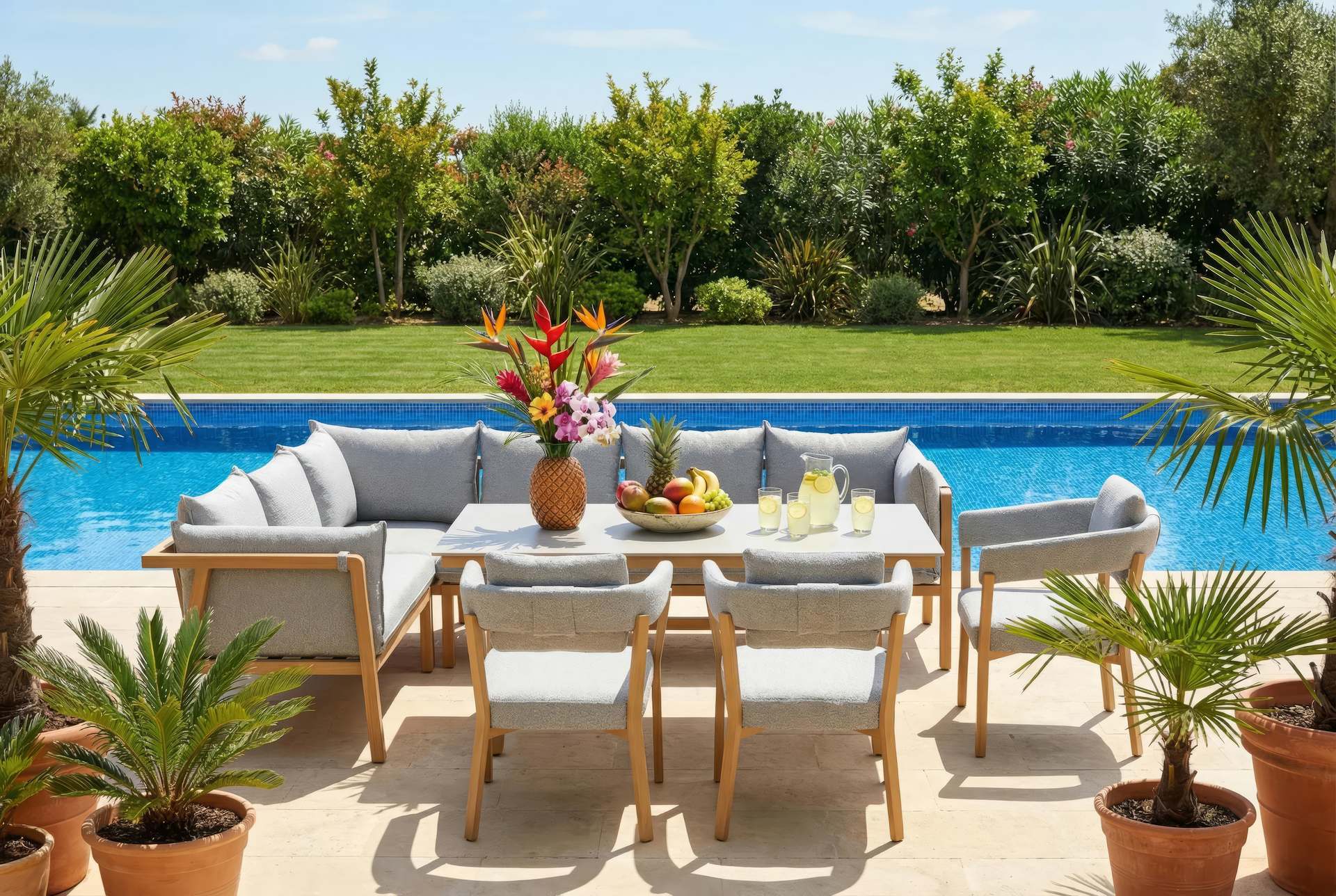 Maja Eckbankgruppe in Holzoptik mit Sinterstone-Tischplatte und grauen Polstern